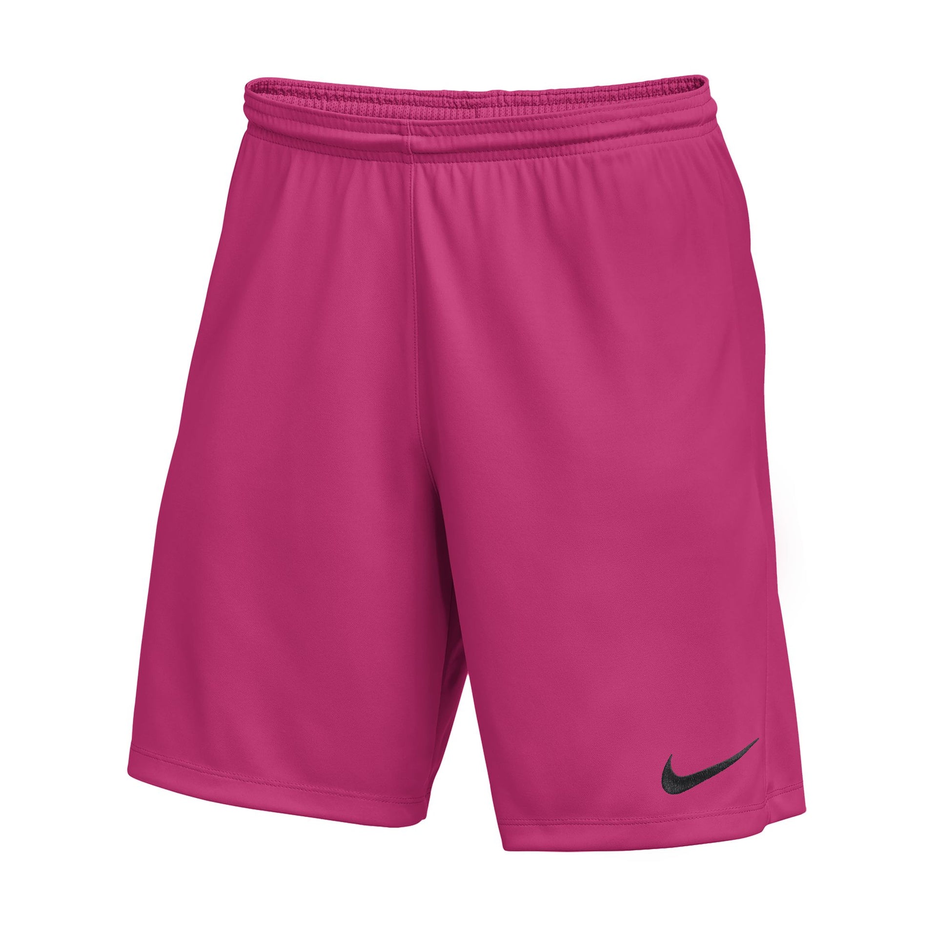Bright pink Nike athletic shorts featuring an elastic waistband and a black Nike swoosh logo on the lower left leg.