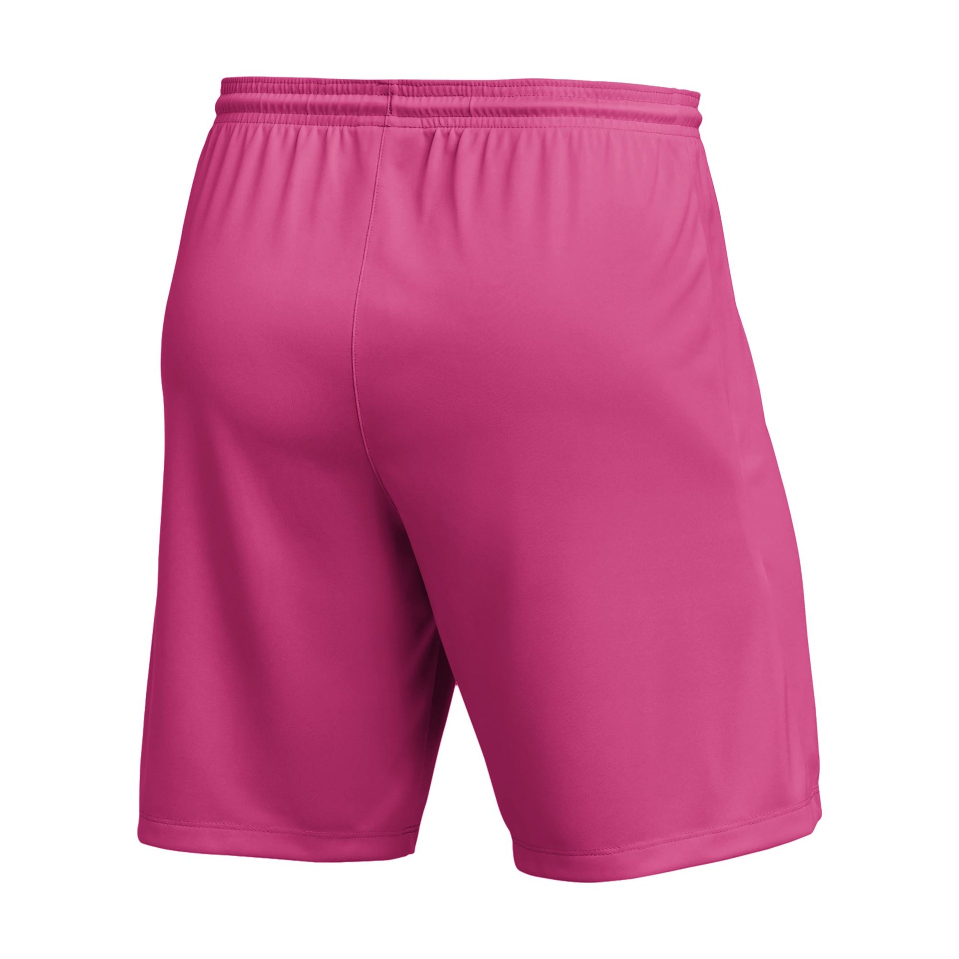 Back view of bright pink athletic shorts featuring an elastic waistband and a standard performance fit.