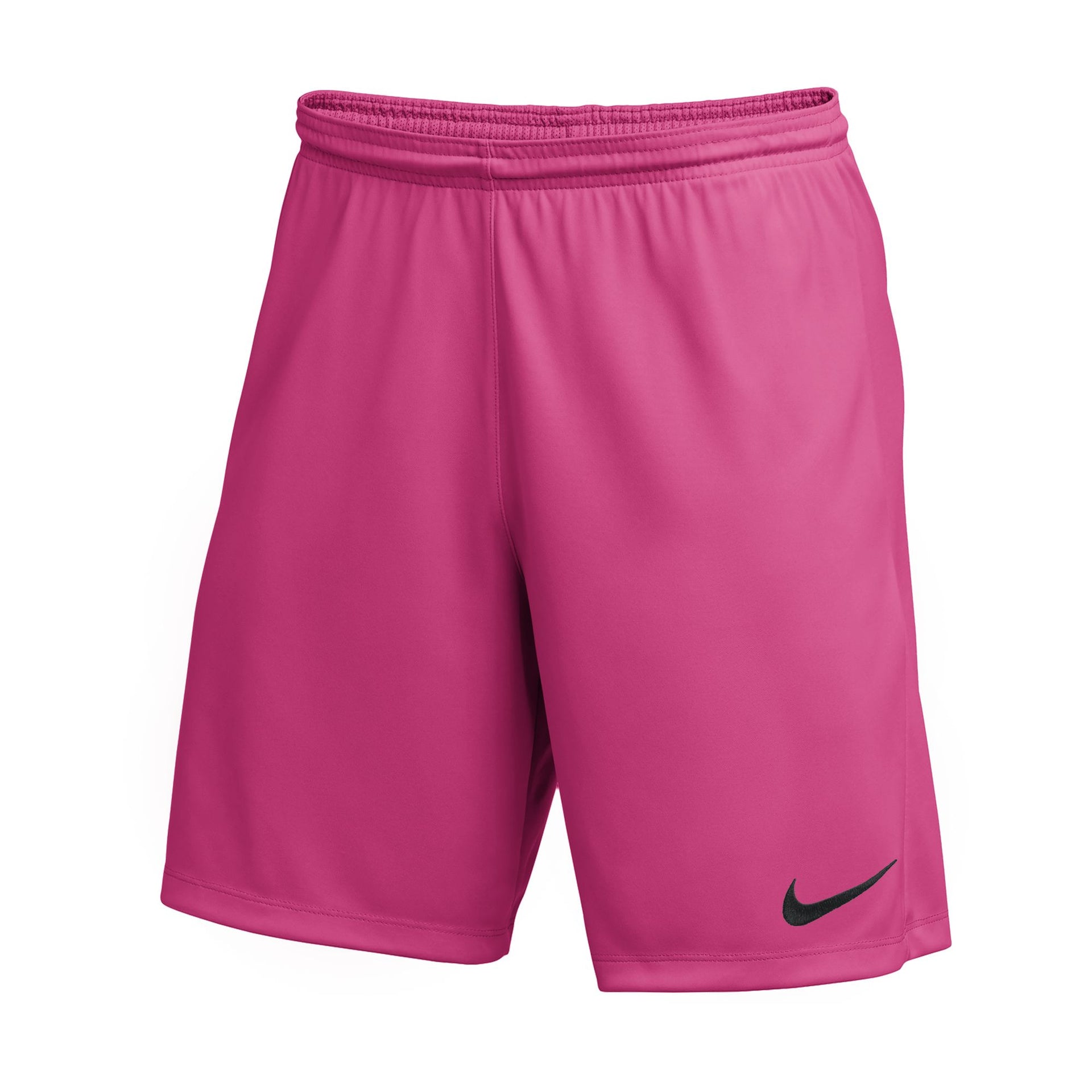 Bright pink Nike athletic shorts featuring an elastic waistband and a black Nike swoosh logo on the bottom left leg, shown against a plain white background.