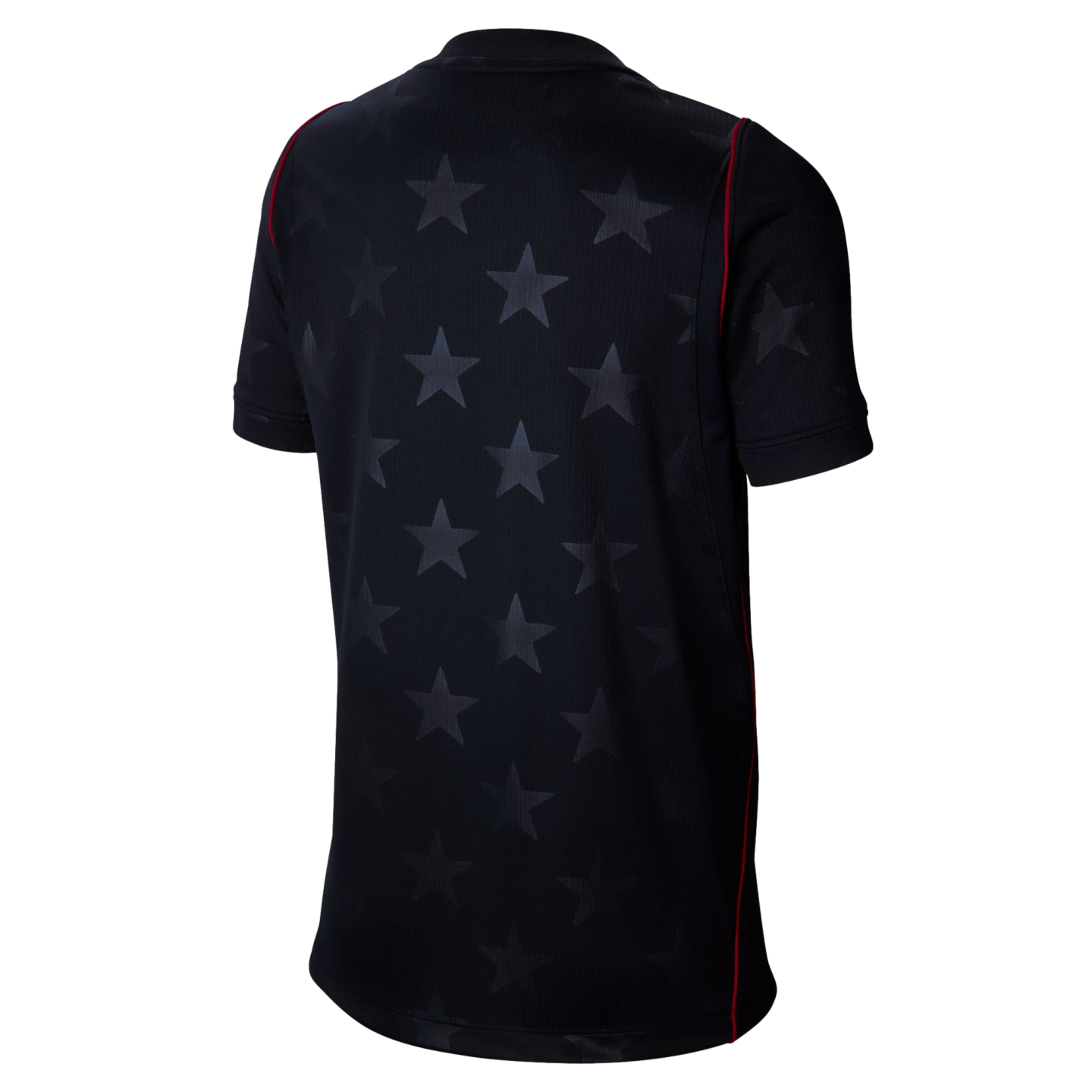Back view of a black short-sleeved jersey with a subtle tonal star pattern and thin red piping along the seams, set against a black background.