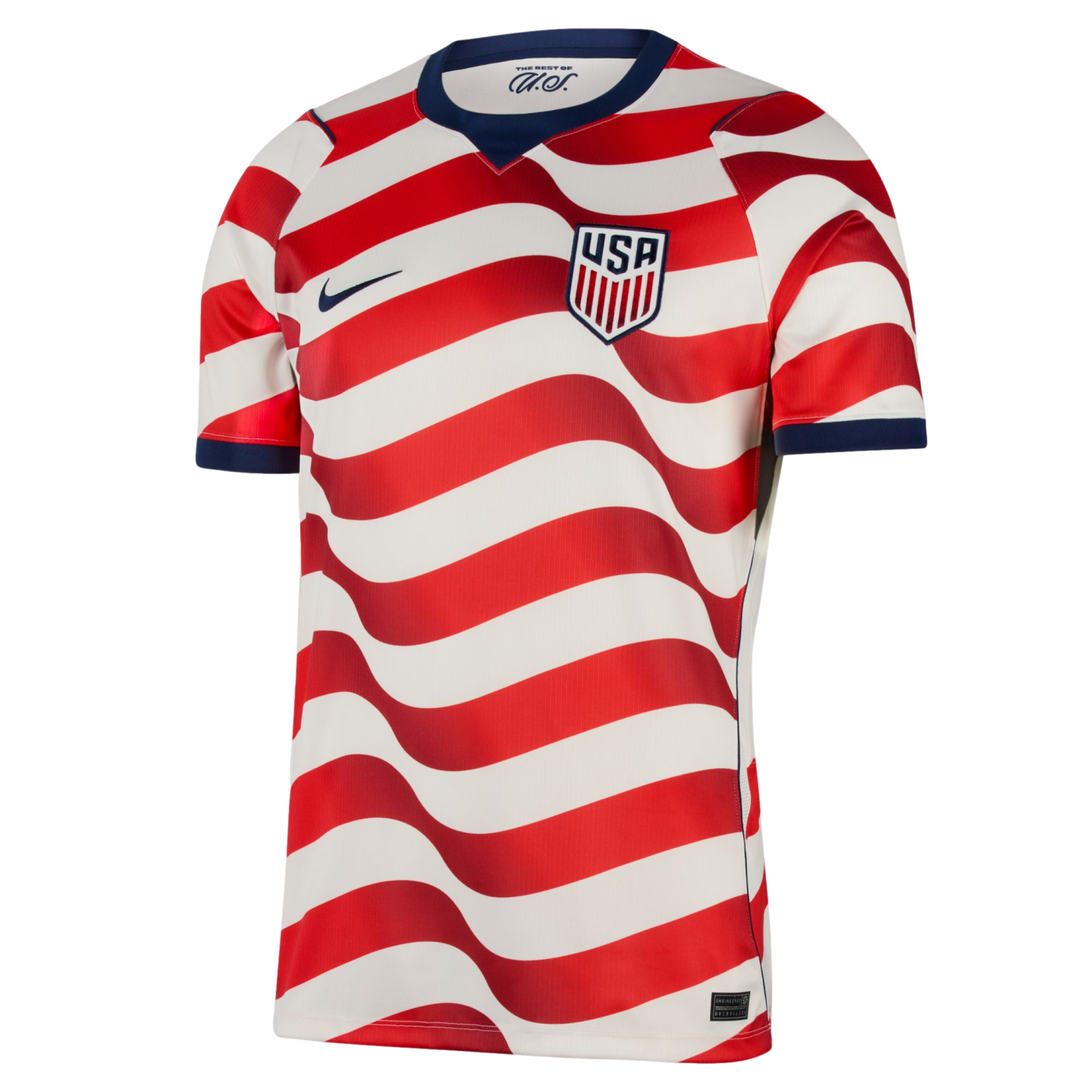 Nike USA soccer jersey with wavy red and white horizontal stripes, dark blue collar and cuffs, and the U.S. Soccer Federation crest on the chest.
