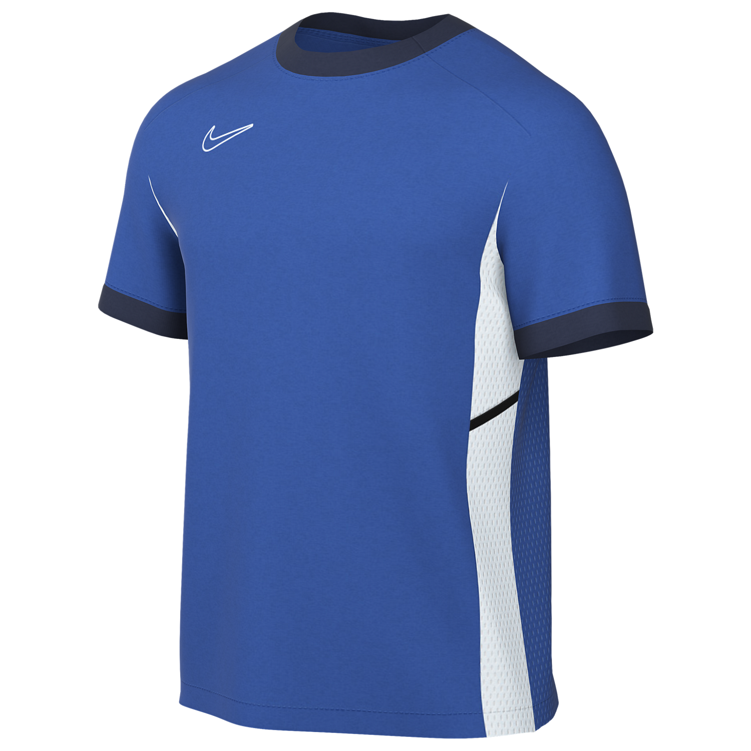Blue Nike athletic t-shirt with navy neck and cuffs, white logo on chest, and white mesh side panels with a black diagonal stripe.