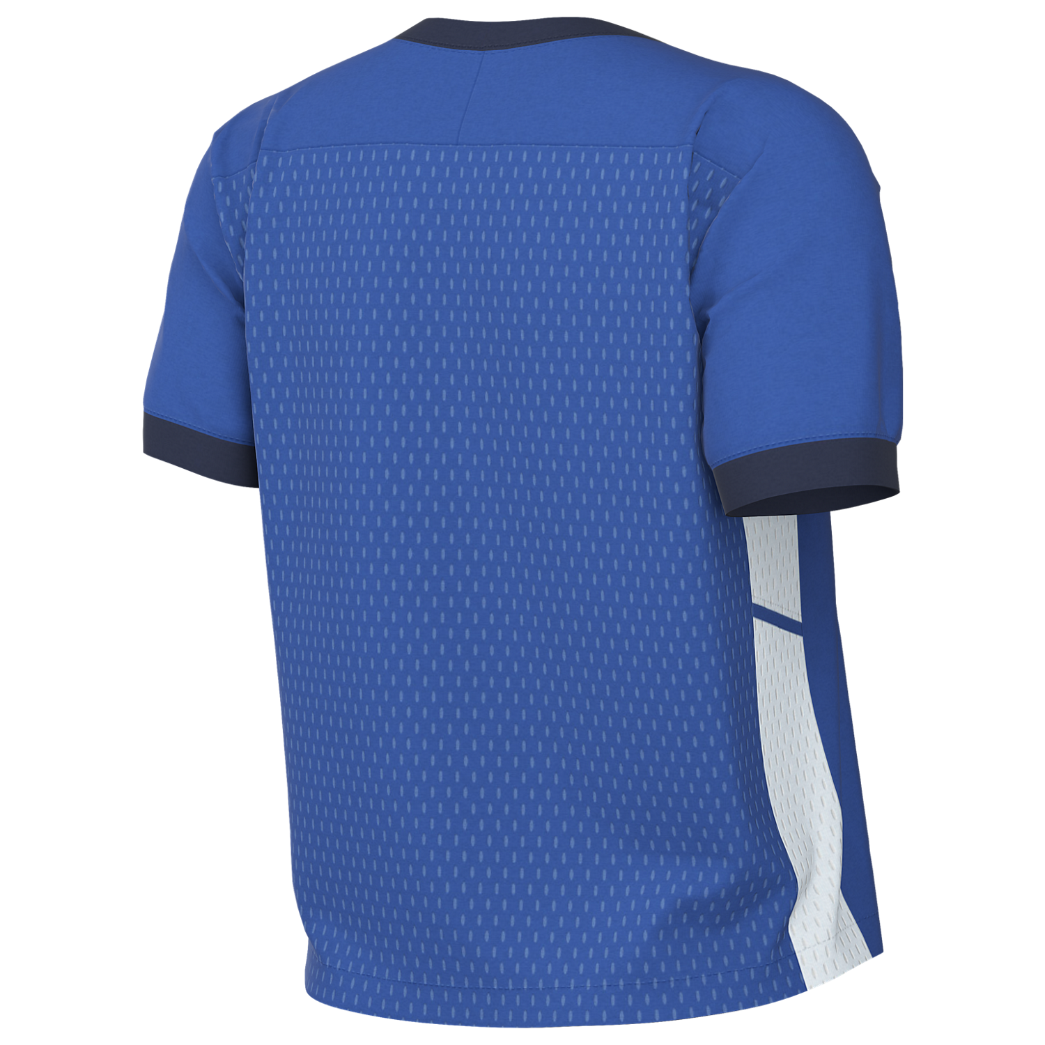 Rear view of a blue short-sleeved jersey with navy collar and cuffs. Features a textured mesh back panel and a white side panel.