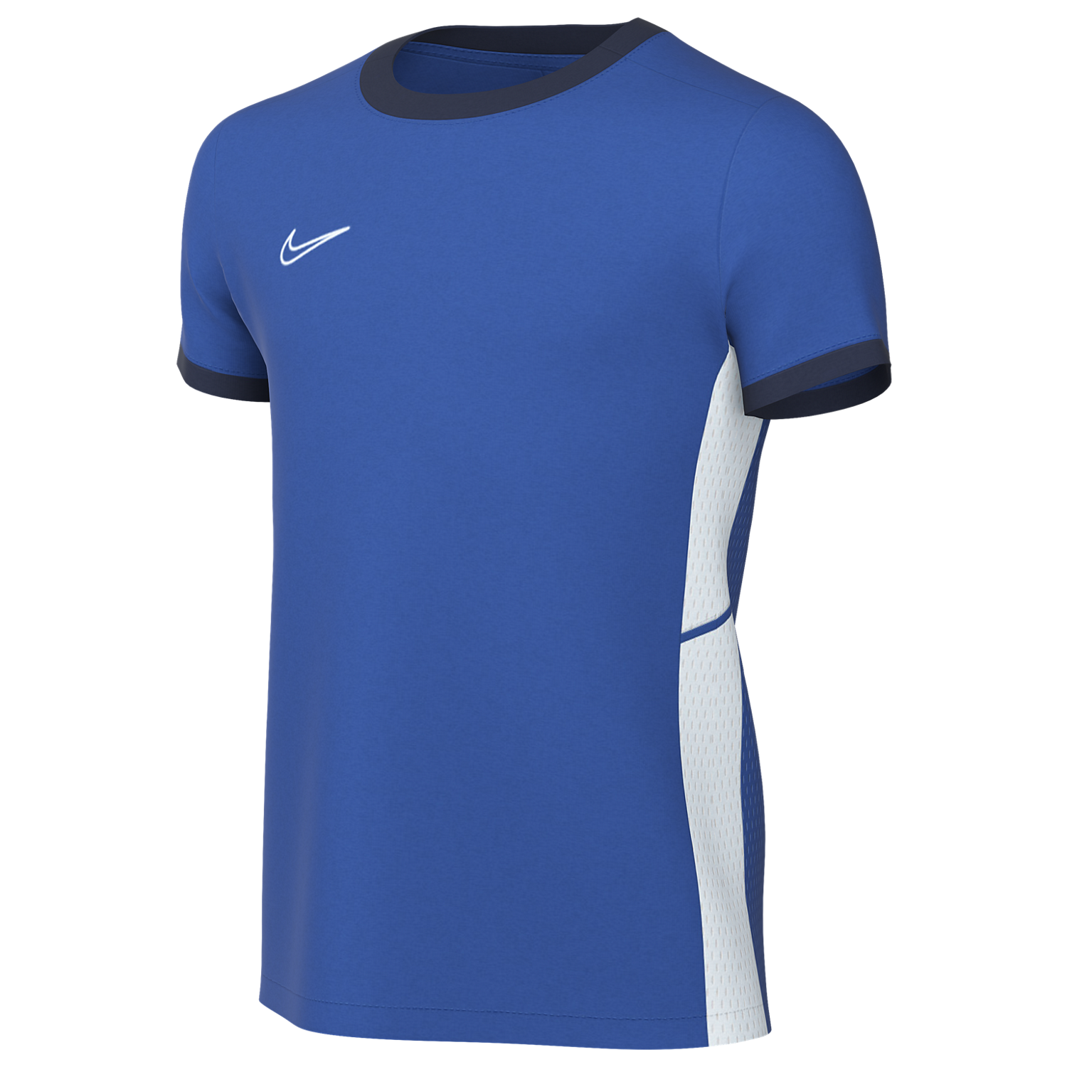 Royal blue Nike short-sleeved soccer jersey with navy trim on the neck and sleeves, a white swoosh logo, and a white mesh side panel.