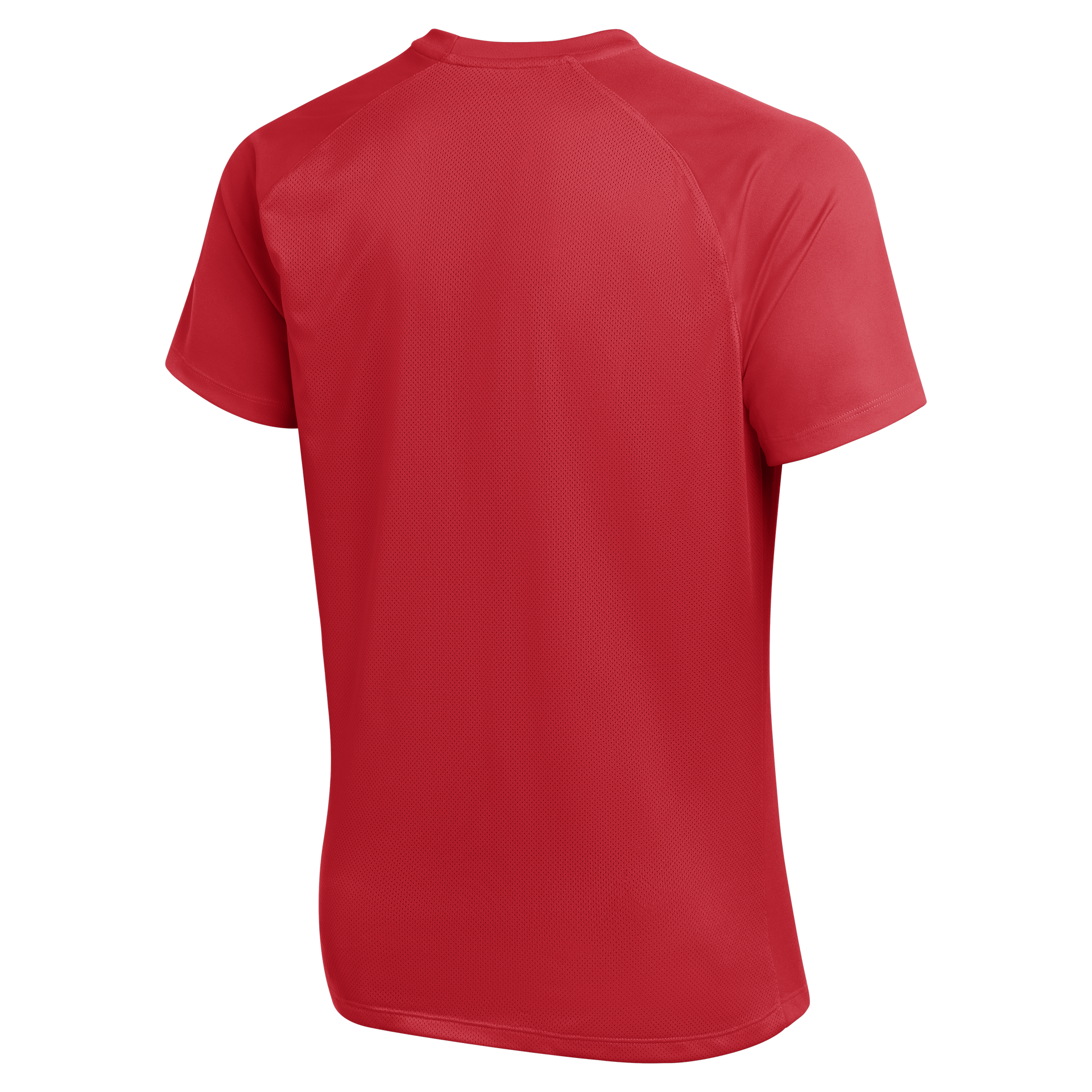 Back view of a red short-sleeved athletic performance t-shirt featuring raglan sleeves and a mesh texture.