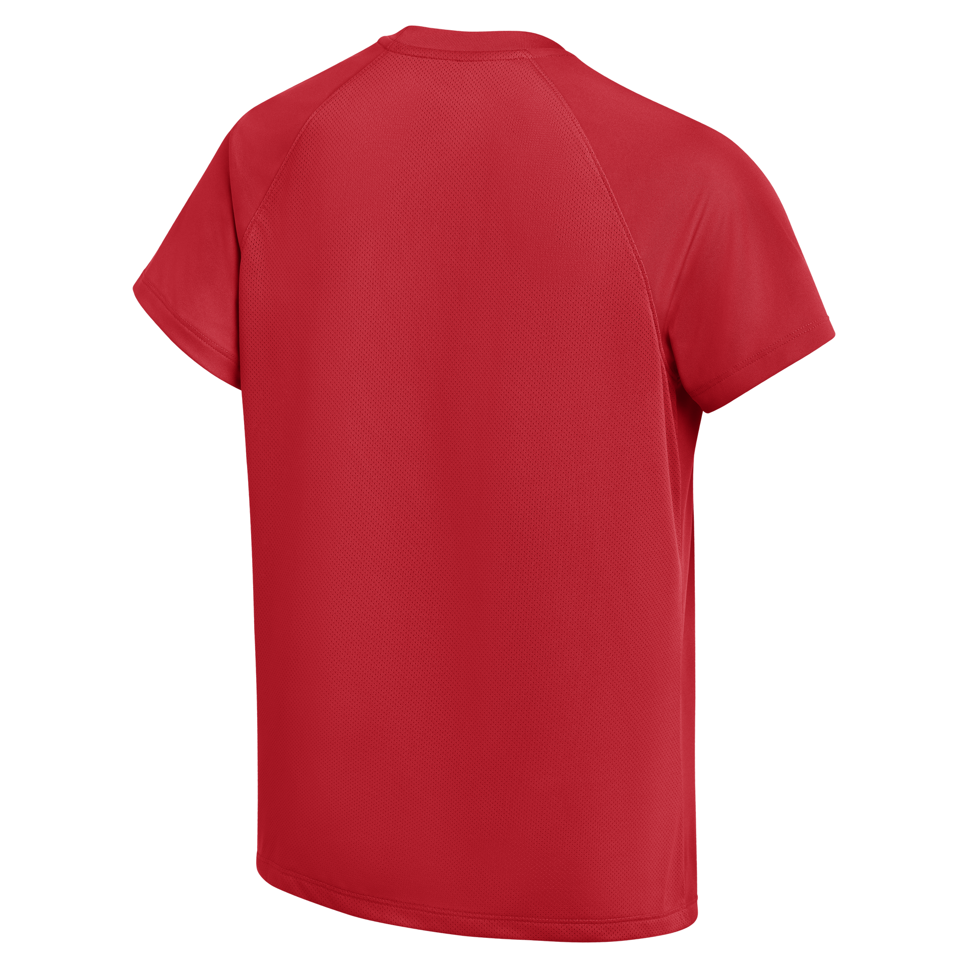 Back view of a solid red short-sleeve performance t-shirt with raglan sleeves.