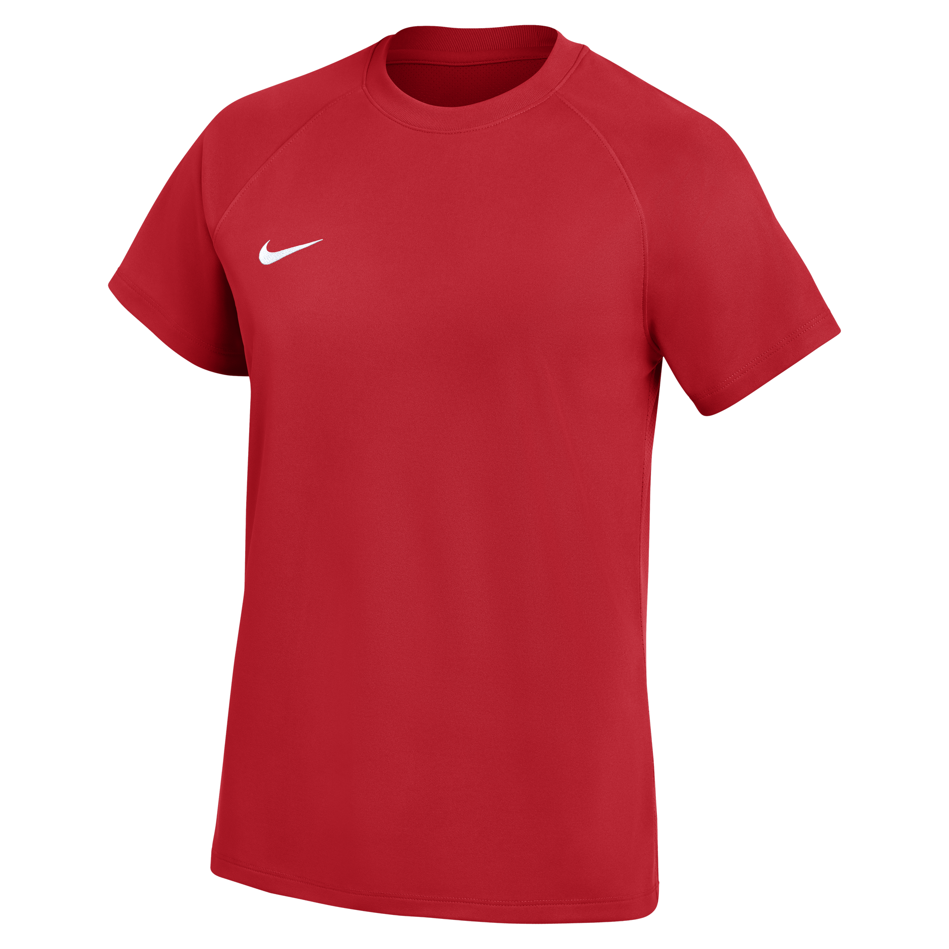 Red short-sleeve Nike athletic t-shirt with a white swoosh logo on the chest and raglan-style sleeves.