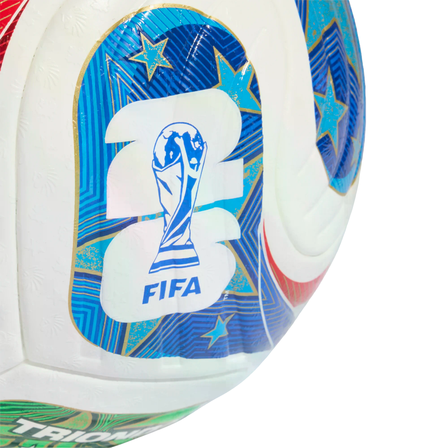 Close-up of a white soccer ball with the official 2026 FIFA World Cup logo featuring the trophy and the number 26.