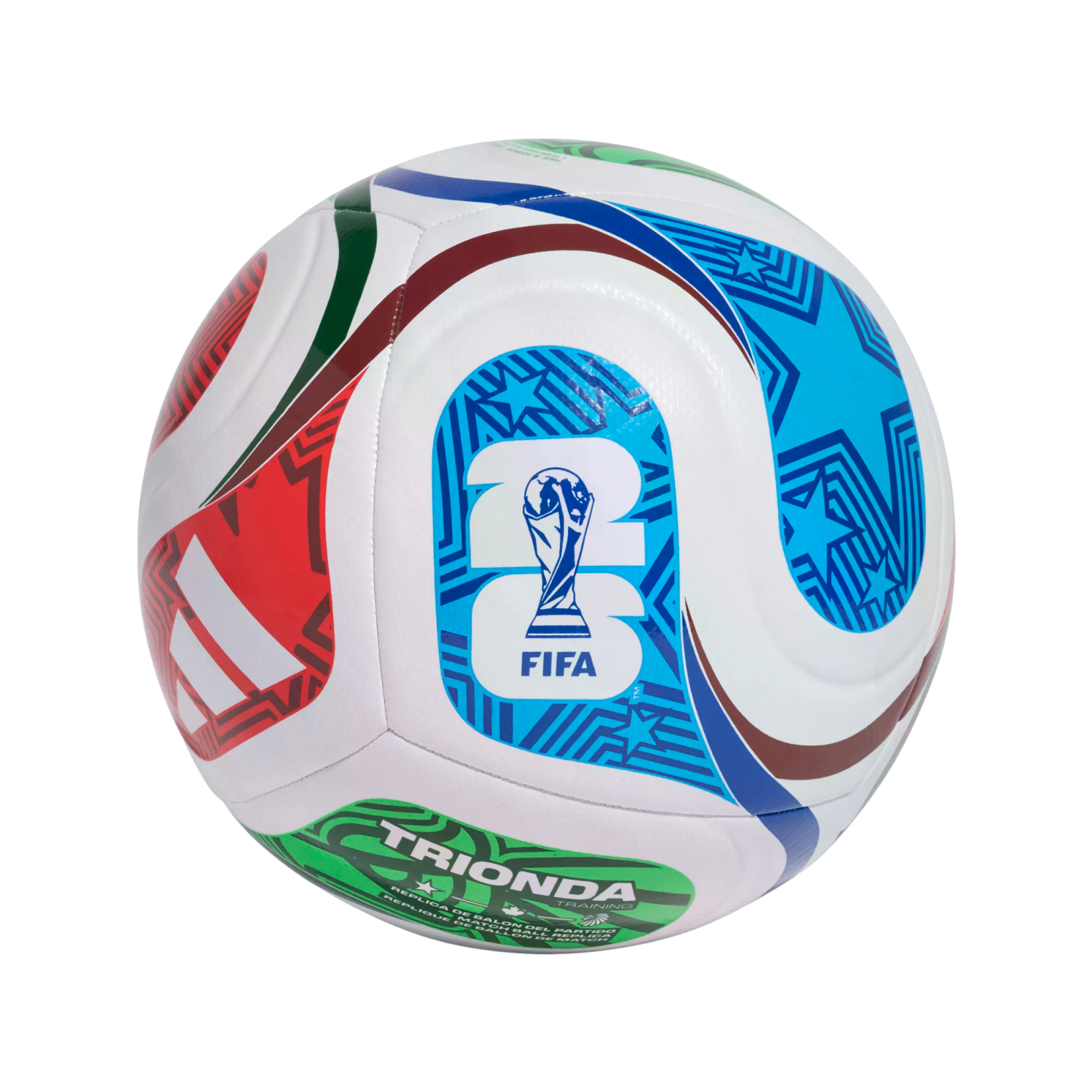 White soccer ball with colorful red, blue, and green patterns. It features the 2026 FIFA World Cup logo and "TRIONDA TRAINING" text.