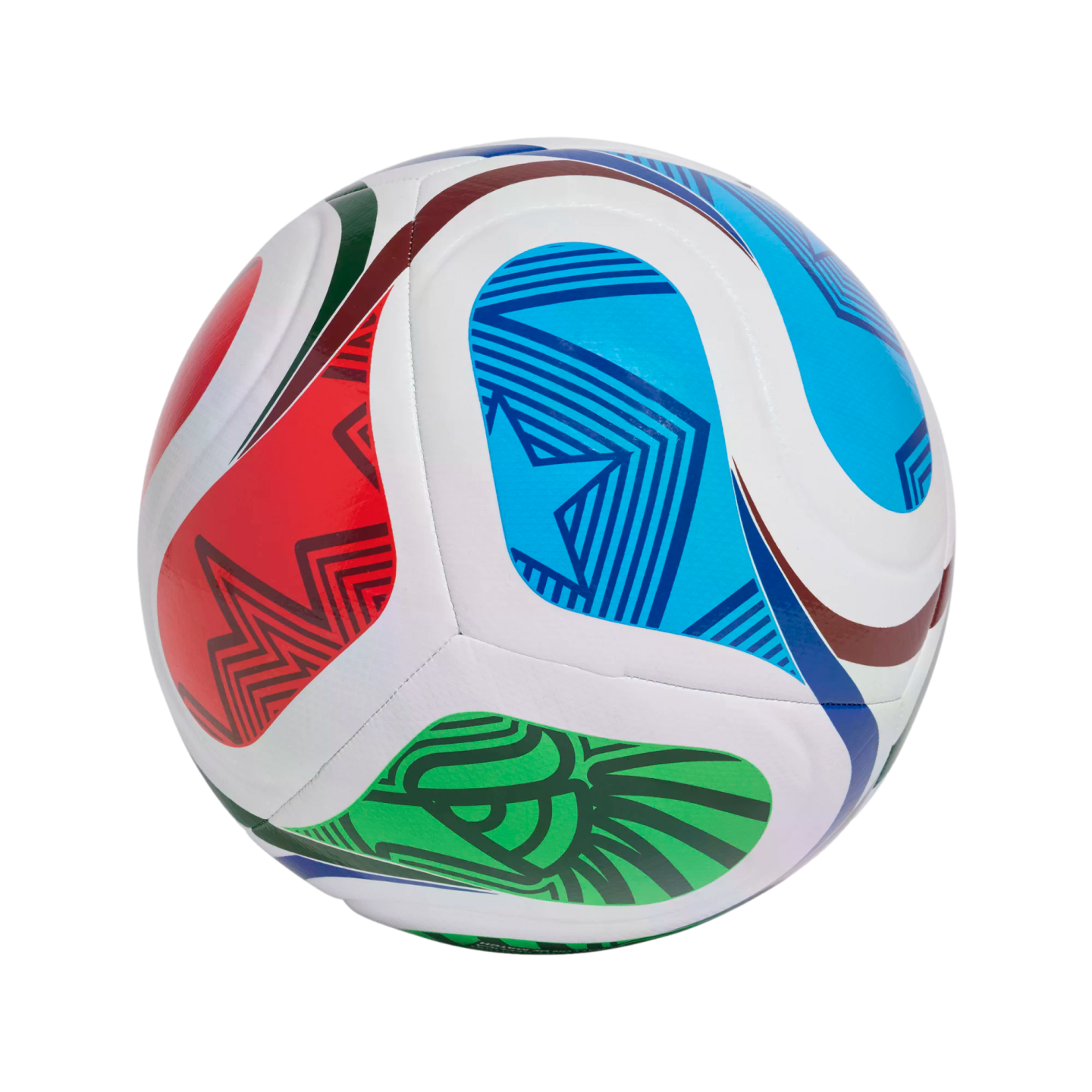 A colorful soccer ball with vibrant red, blue, and green patterned panels against a solid black background.