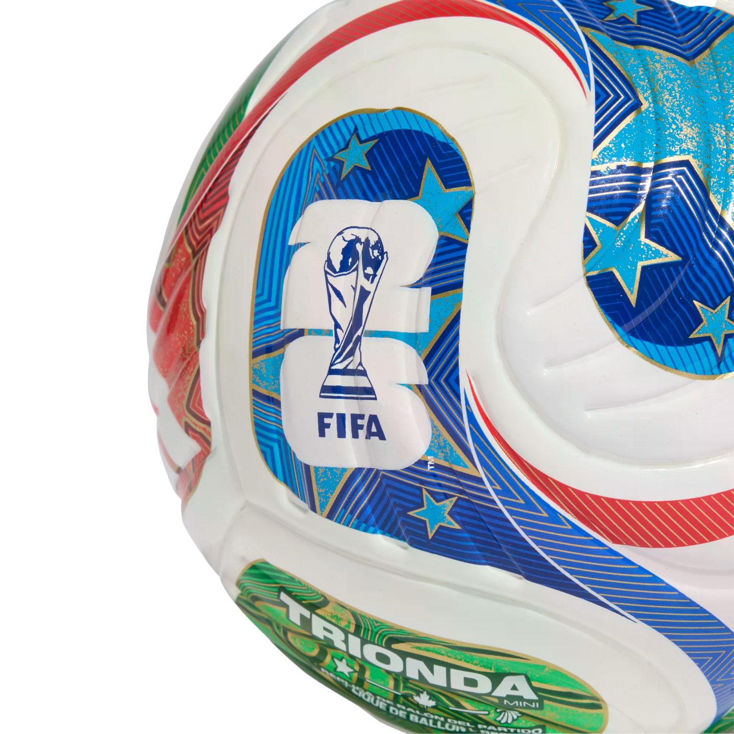 Close-up of a white FIFA 2026 World Cup mini soccer ball featuring blue, red, and gold graphic patterns and "TRIONDA" branding.