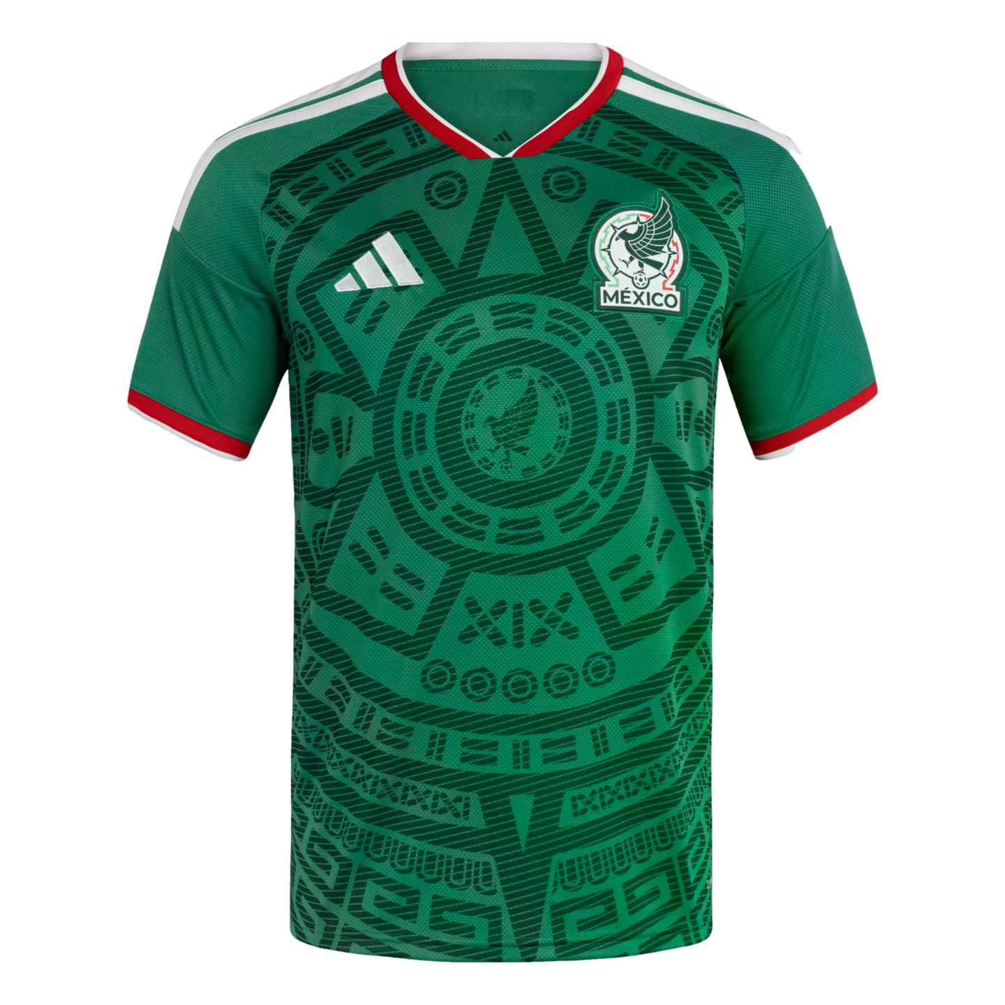 A green Mexico national football team jersey by Adidas featuring an intricate tonal Aztec-inspired pattern, white shoulder stripes, and the official team crest.
