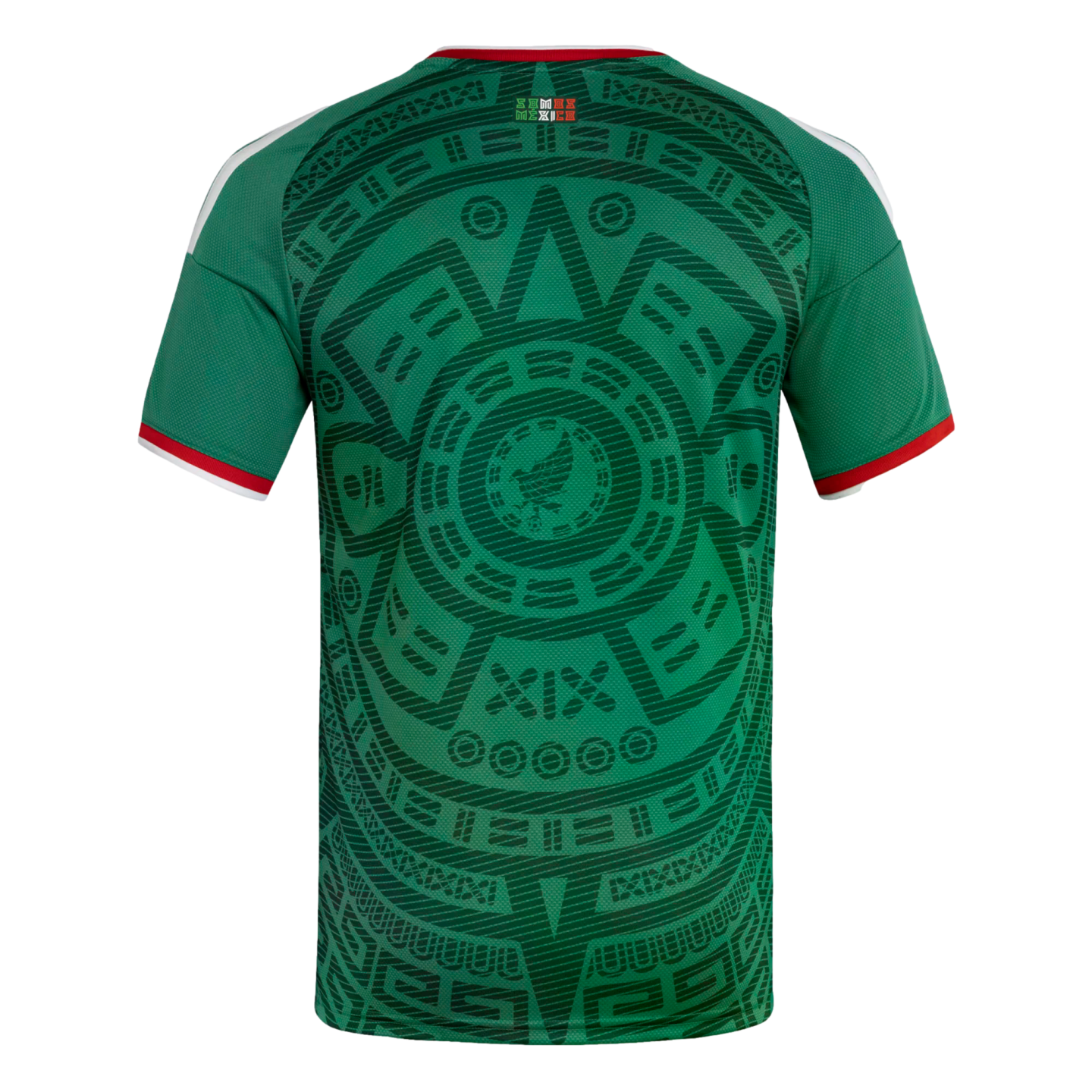 Back view of a green Mexico soccer jersey with a large, dark green Aztec sun stone graphic and red and white trim on the collar and sleeves.