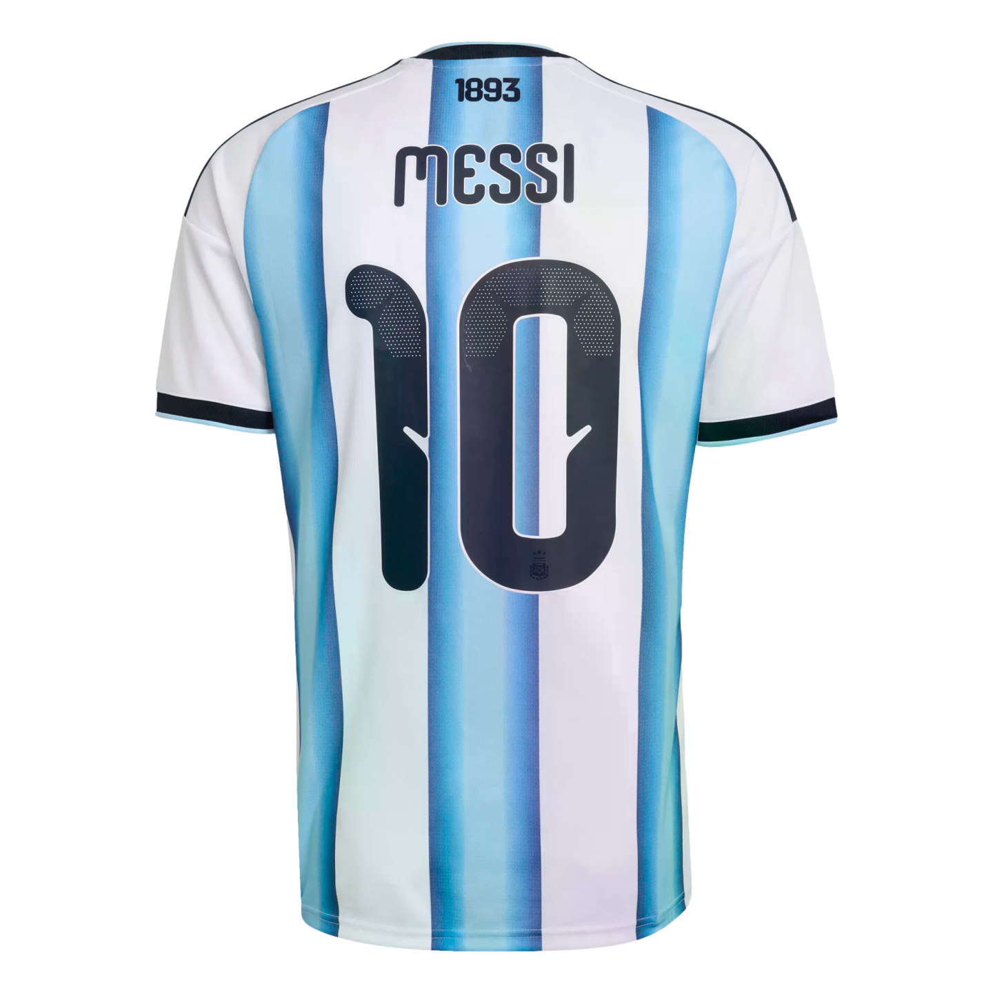 Back of a light blue and white striped soccer jersey with "MESSI" and number "10" printed in bold black.