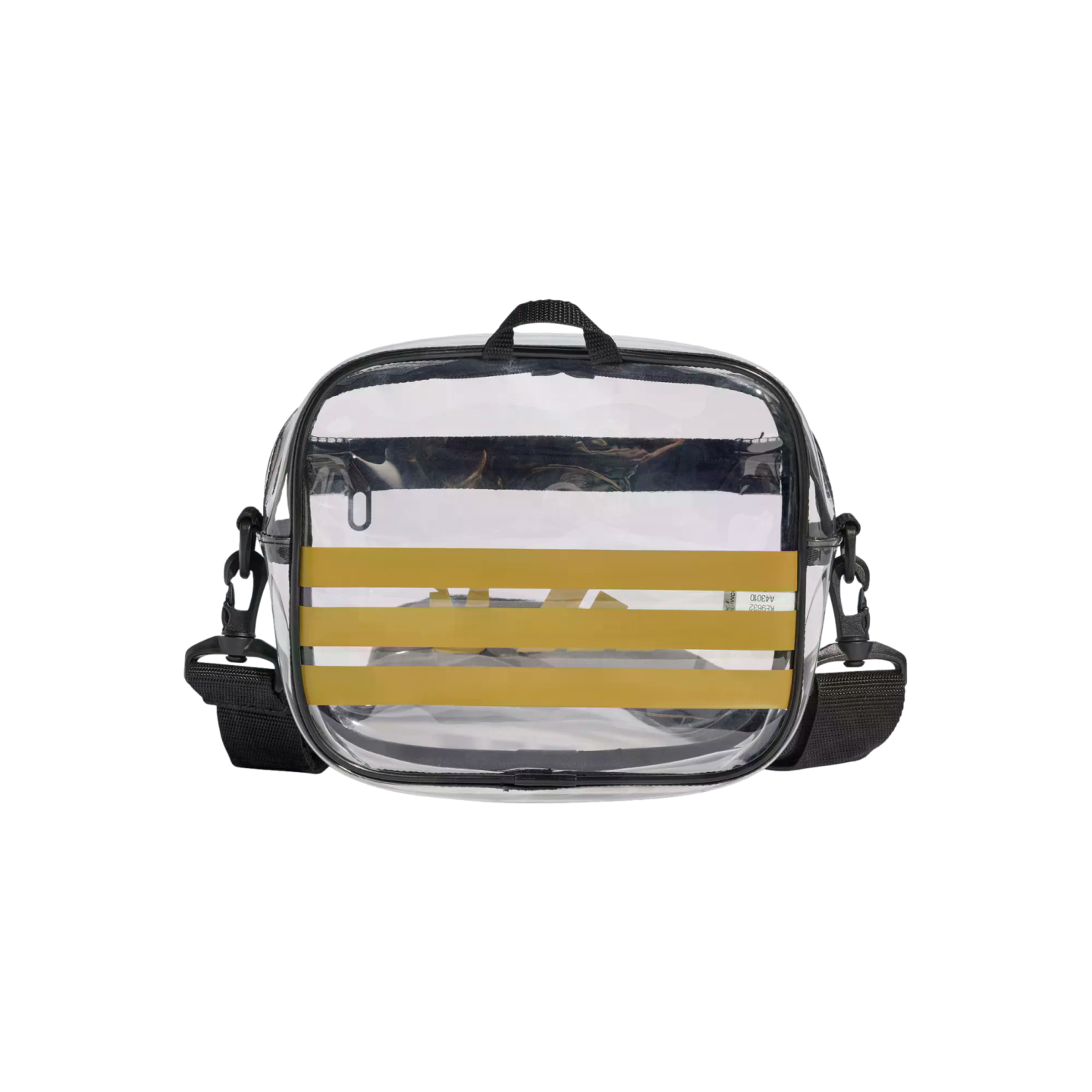 Clear crossbody bag with three yellow horizontal stripes, black trim, and a black adjustable shoulder strap.