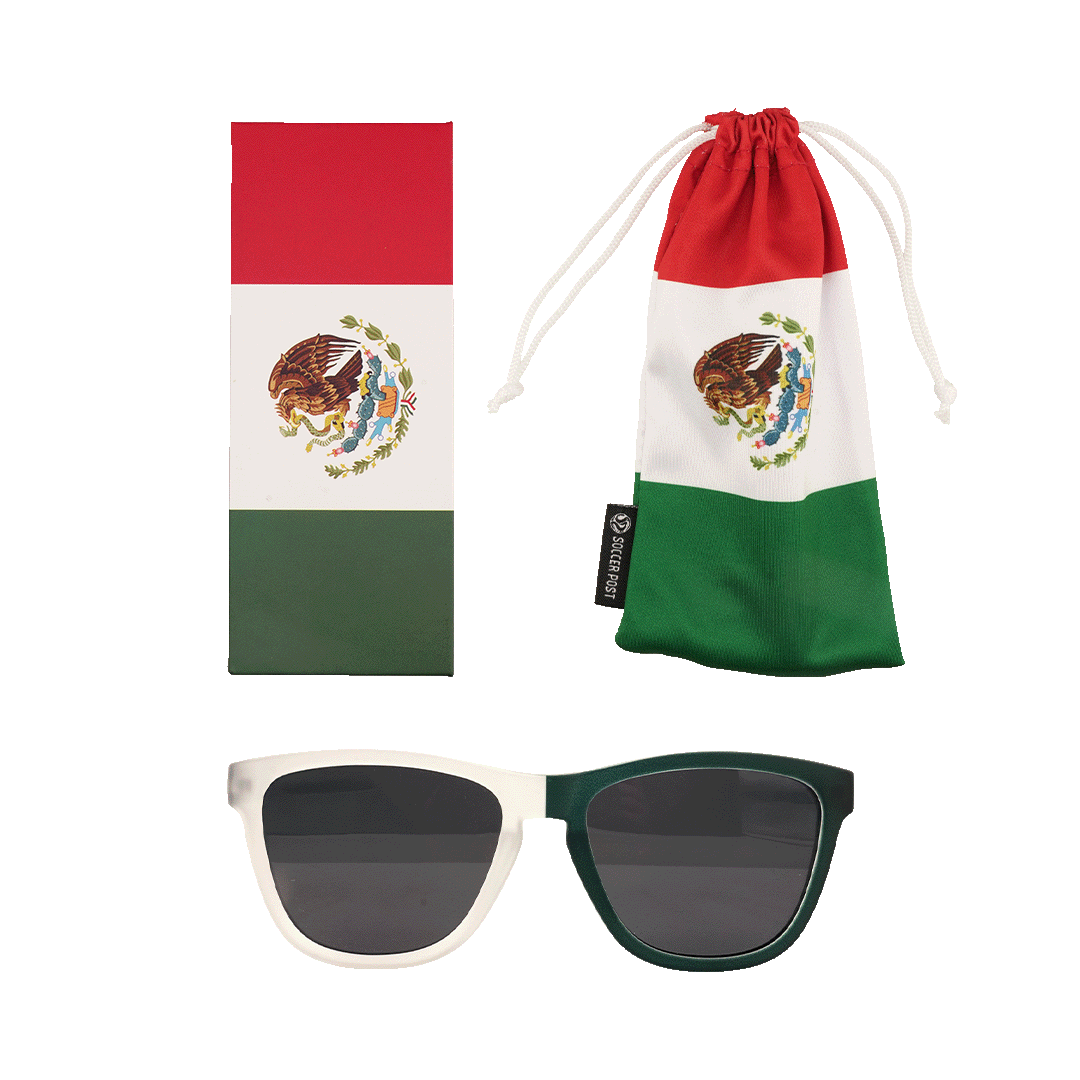 A Mexico-themed sunglasses set featuring a pair of sunglasses with one white and one green frame, a matching rectangular box, and a drawstring pouch, all decorated with the colors and emblem of the Mexican flag.