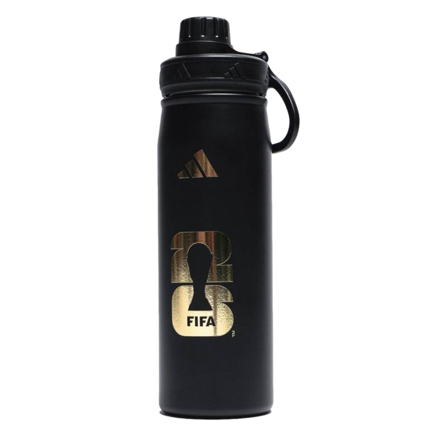 Matte black Adidas water bottle with gold FIFA World Cup 2026 and Adidas logos. Features a black screw-on cap with a carrying loop.