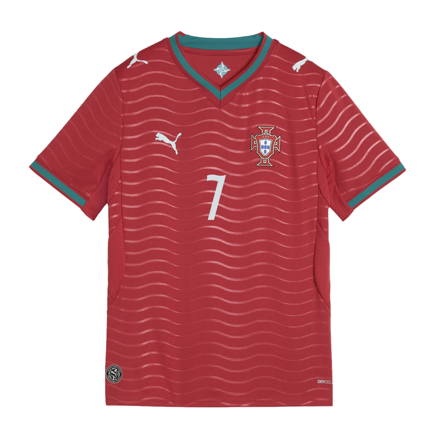 Red Puma Portugal national soccer jersey with white number 7, green trim on the collar and sleeves, and a wavy horizontal pattern across the fabric.