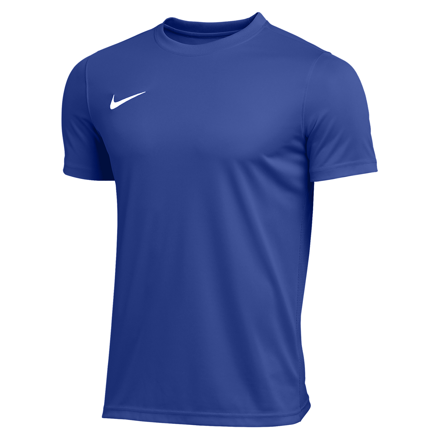 A royal blue Nike short-sleeve athletic t-shirt featuring a small white swoosh logo on the upper chest.
