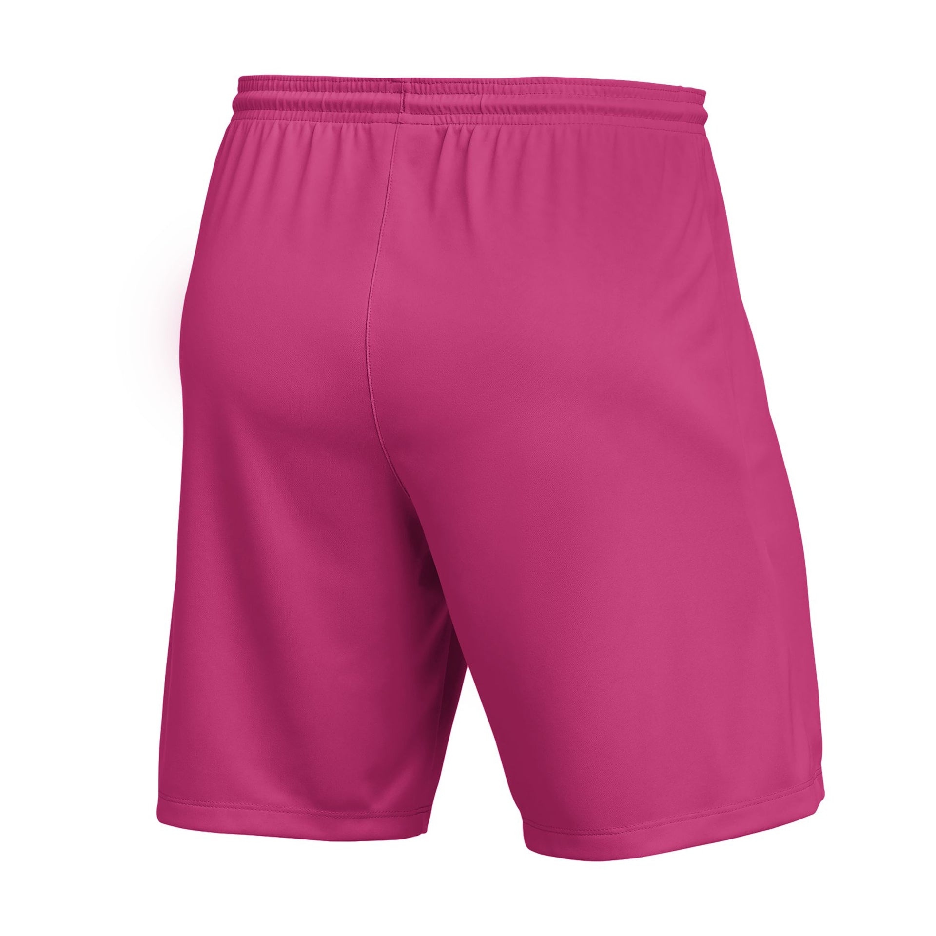 Rear view of bright pink athletic shorts with an elastic waistband, displayed on a plain white background.