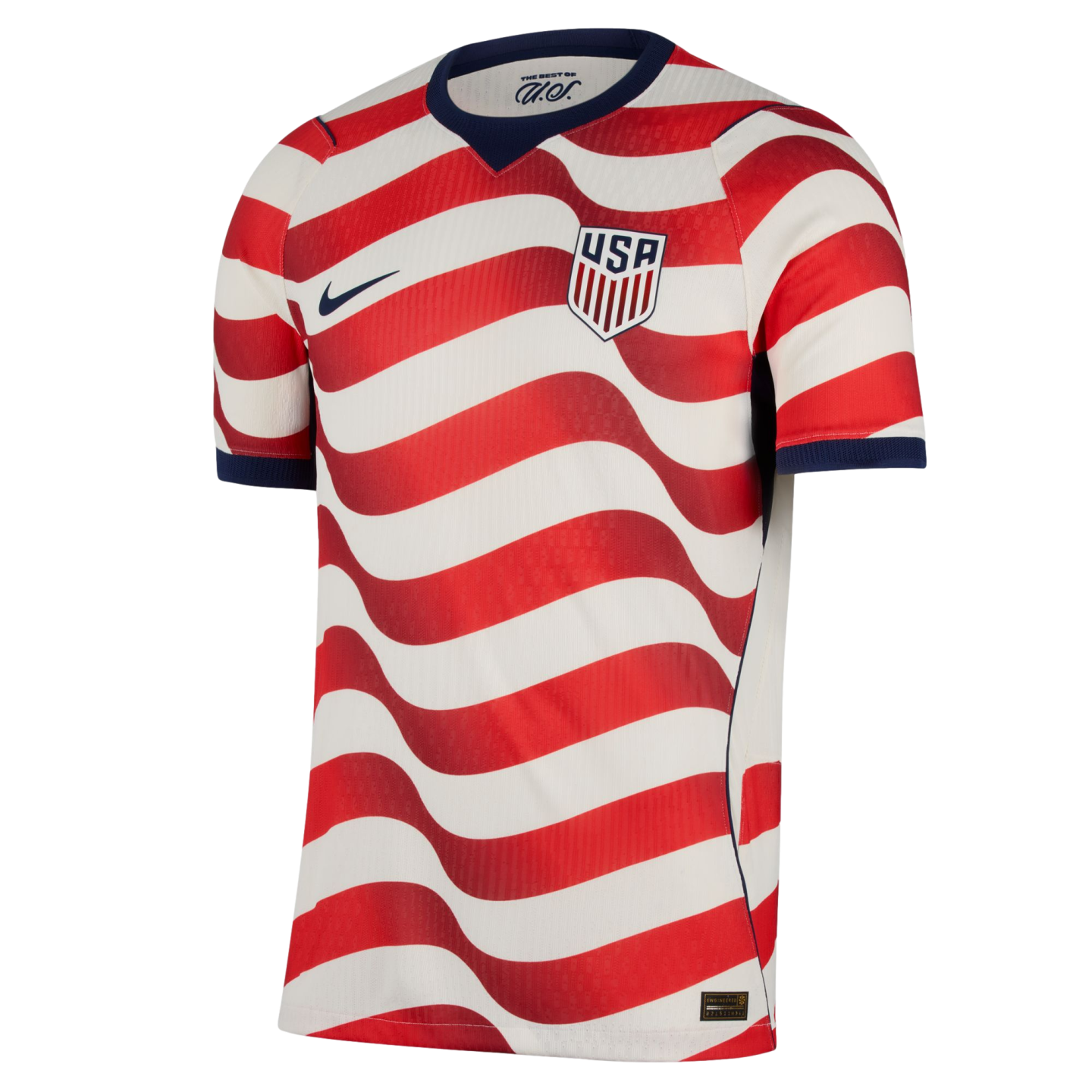 A Nike USA soccer jersey with red and white wavy horizontal stripes, navy blue collar and cuffs, and the team crest on the chest.