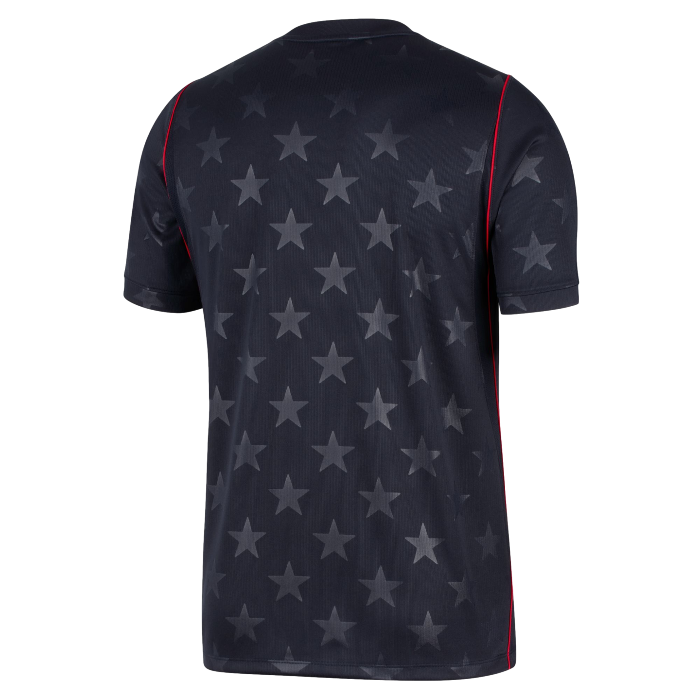 The back view of a black short-sleeved jersey featuring an allover tonal grey star pattern and thin red piping along the shoulder and side seams.