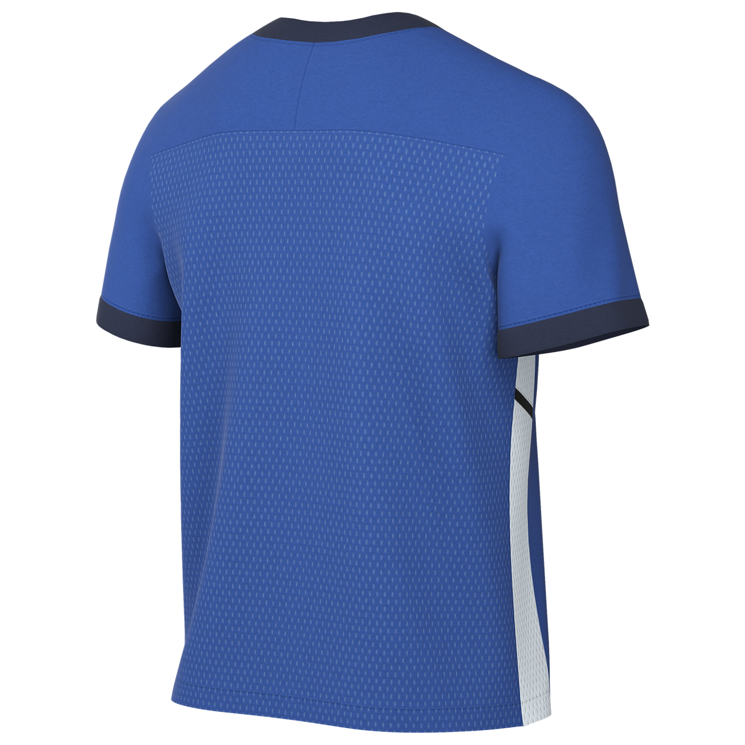 Back view of a blue short-sleeve sports jersey with navy trim on the collar and cuffs. Features a textured back and a white mesh side panel with a black diagonal stripe.