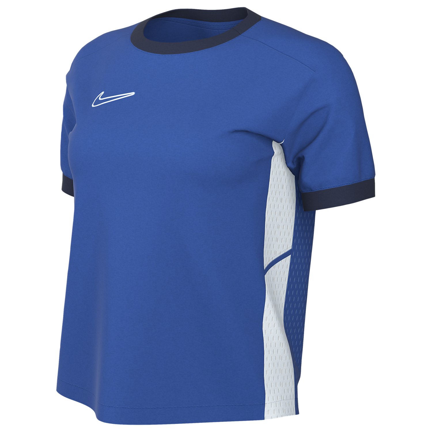 A royal blue Nike athletic jersey with navy blue collar and cuffs, white mesh side panels, and a white Nike swoosh on the chest.