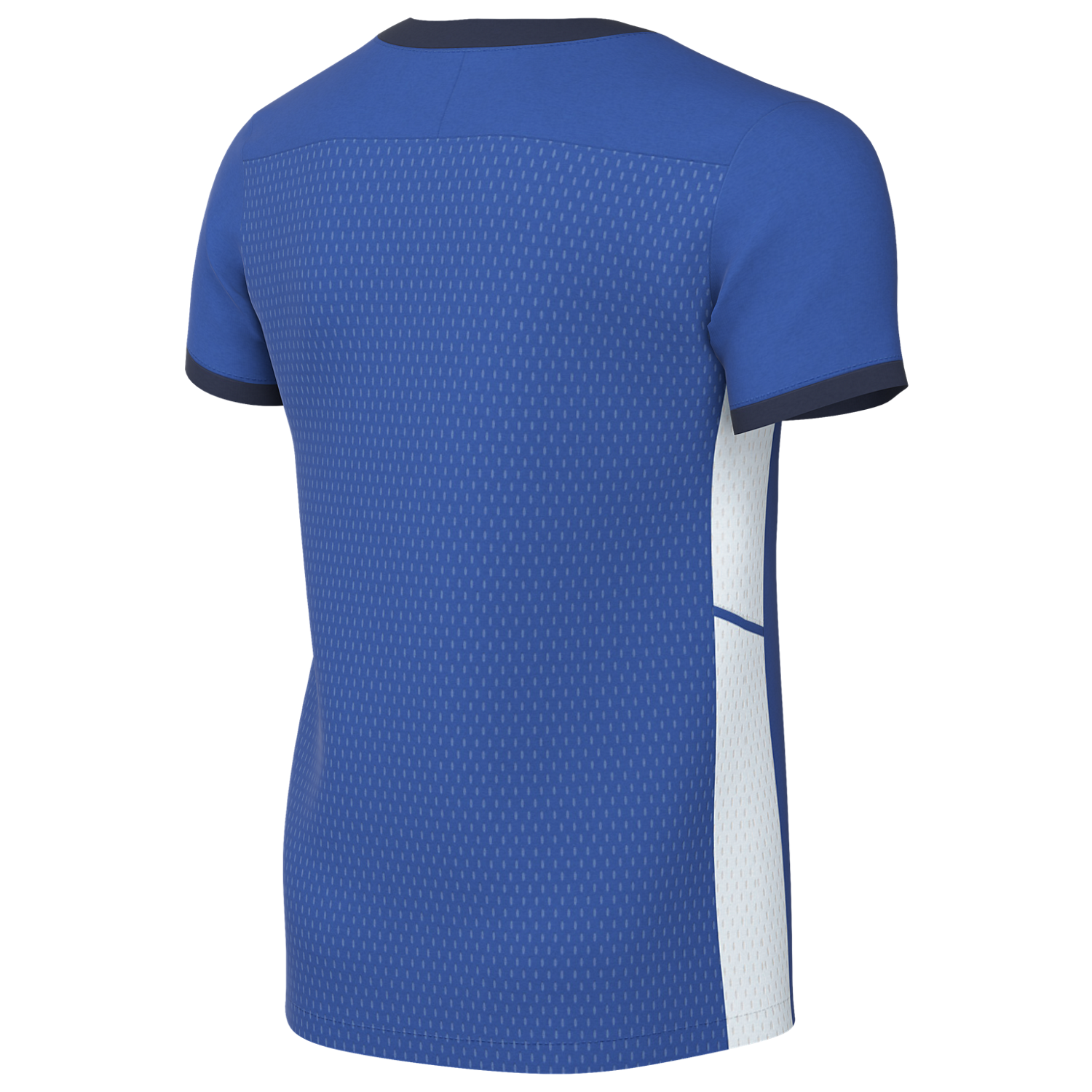 Back view of a royal blue sports jersey featuring a perforated texture, navy trim on the collar and sleeve cuffs, and white side panels.