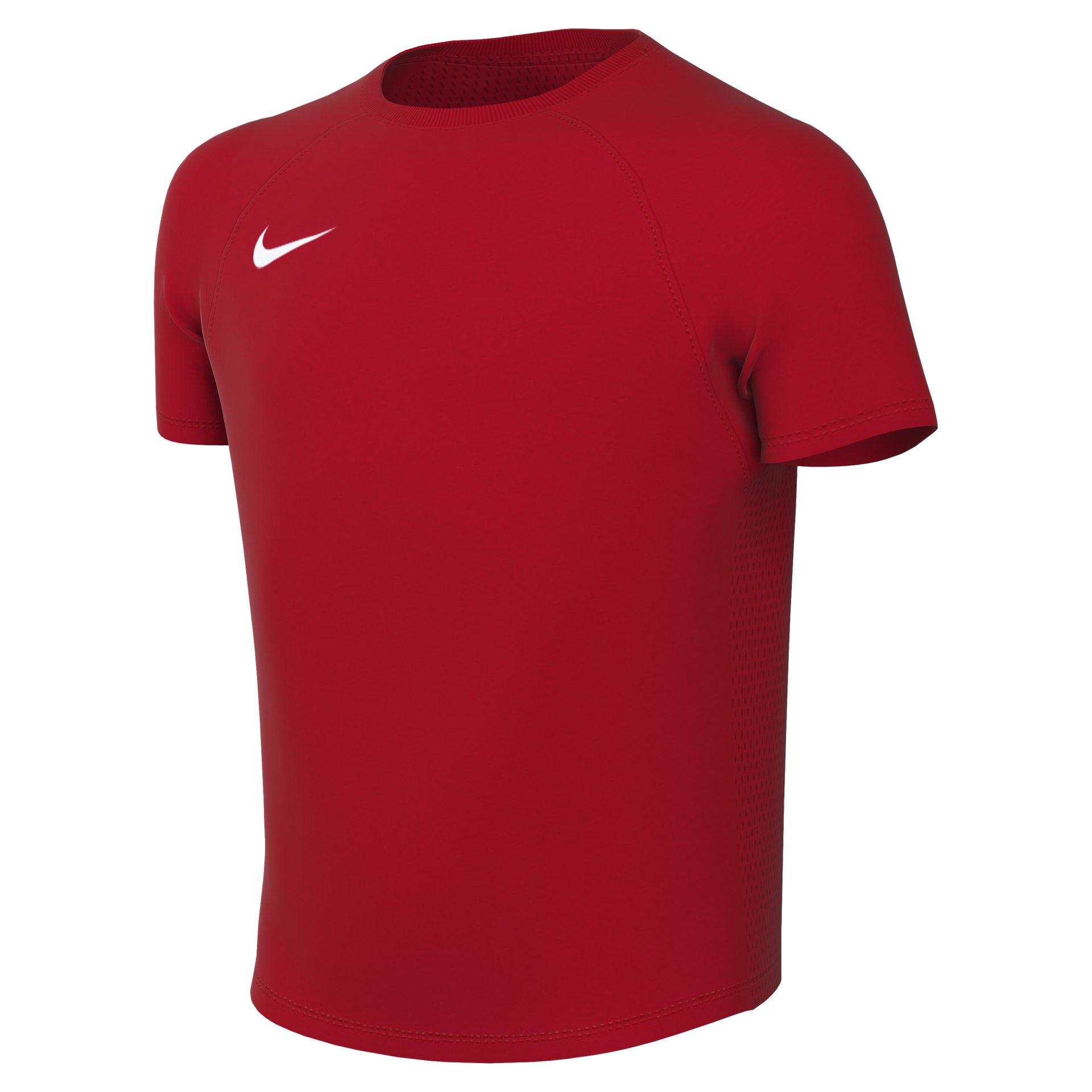 A red Nike short-sleeved athletic shirt with a white swoosh logo on the chest, shown against a black background.