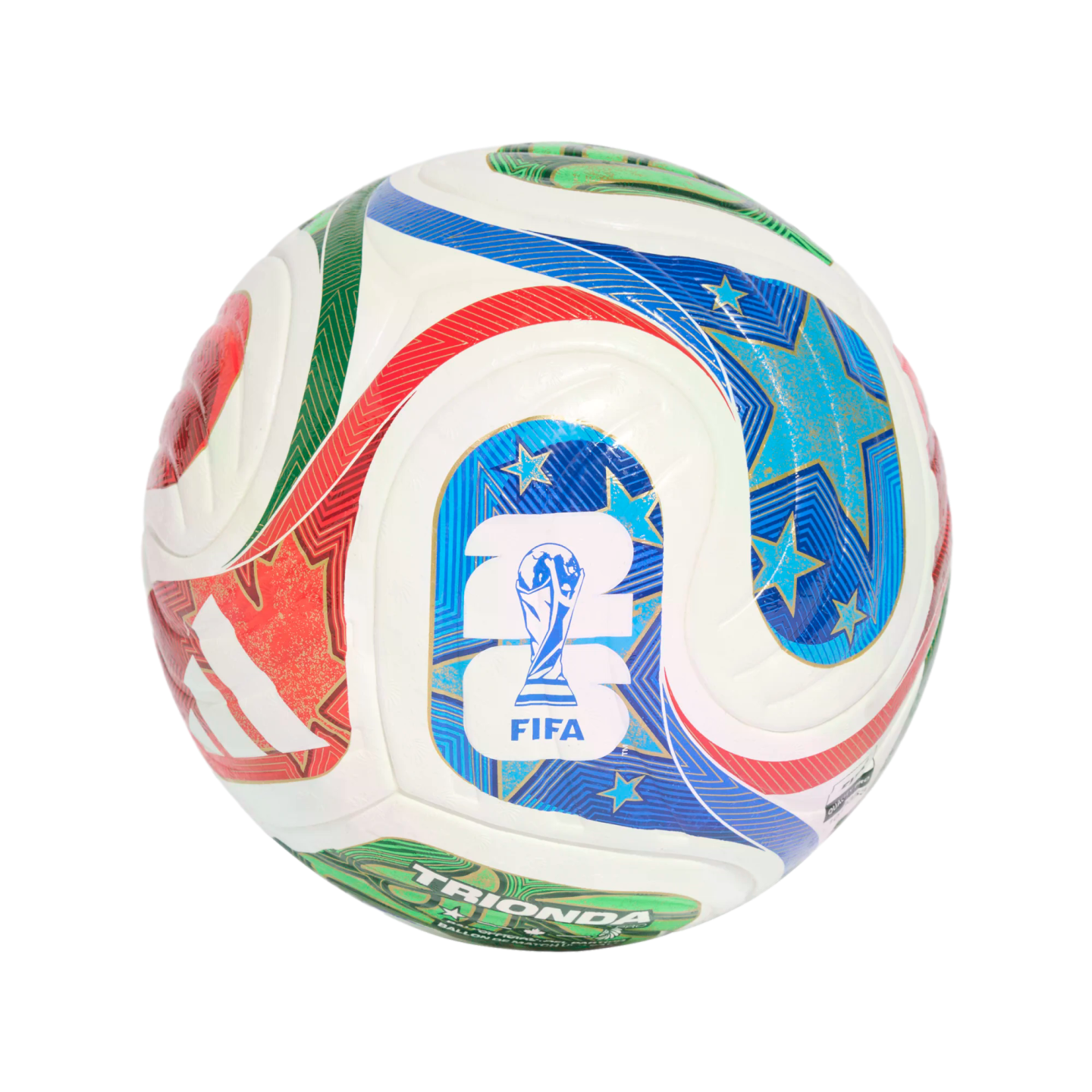 A soccer ball with colorful red, blue, and green graphic patterns, featuring the FIFA World Cup logo and "TRIONDA" text, set against a black background.