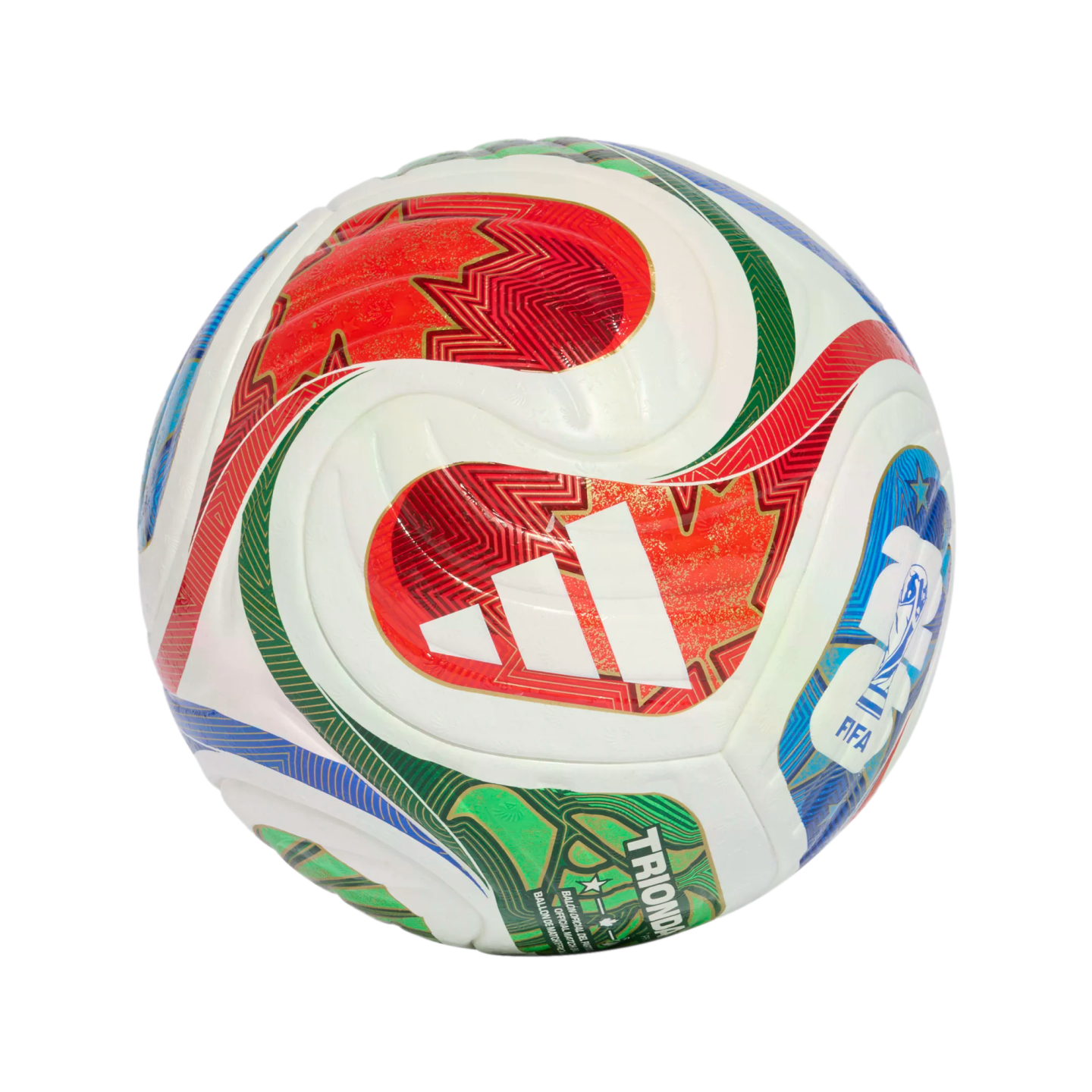 An Adidas TRIONDA soccer ball with vibrant red, green, and blue curved patterns on a white base, featuring the FIFA and Adidas logos.