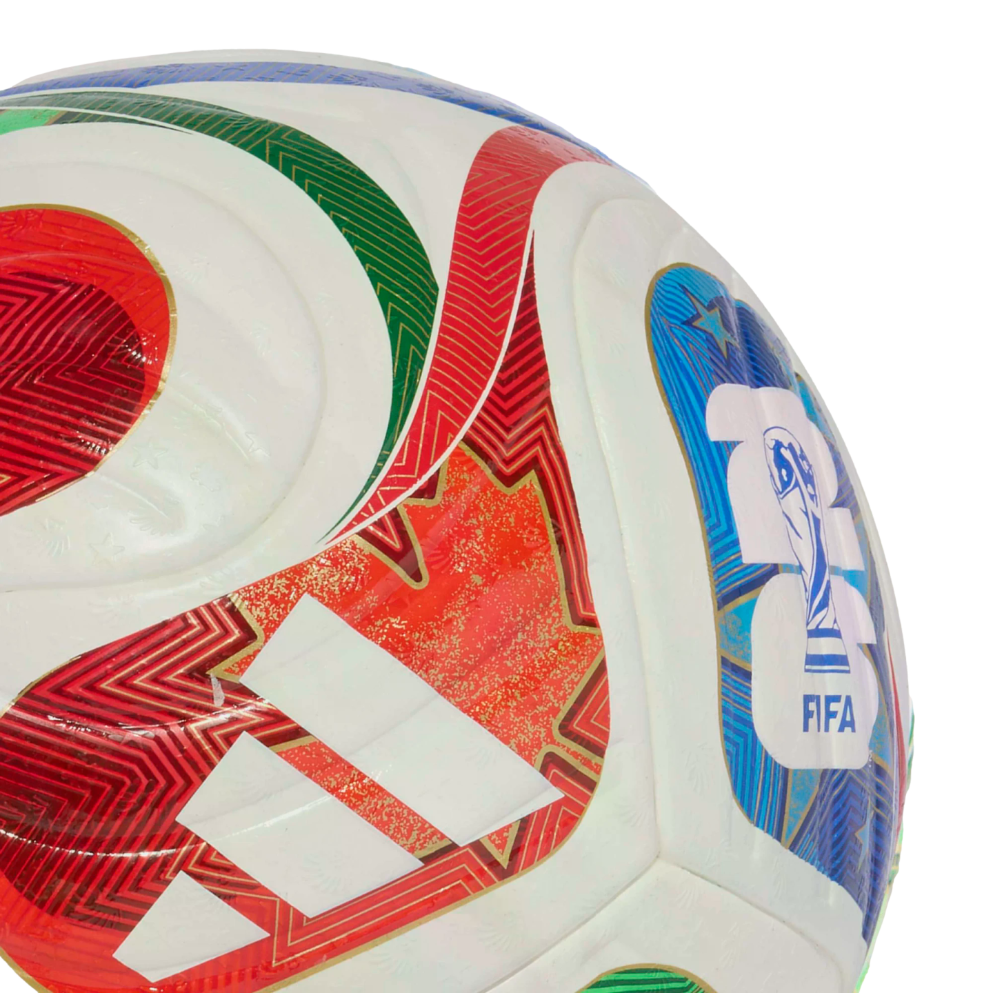 Close-up of a white soccer ball featuring red, green, and blue geometric patterns, a red maple leaf, the white Adidas logo, and a blue FIFA World Cup emblem.