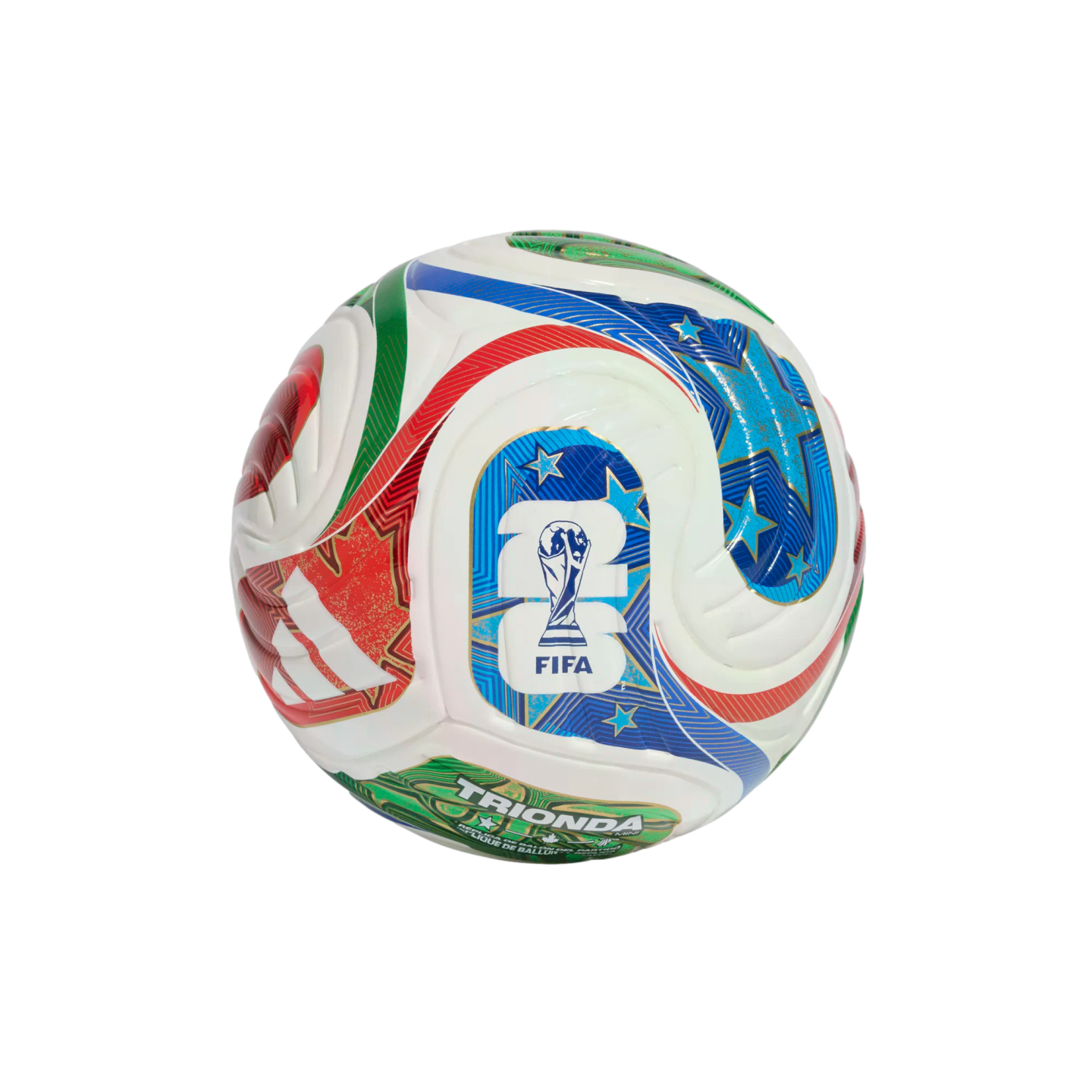White soccer ball featuring colorful red, green, and blue patterns, the FIFA World Cup 26 logo, and Adidas stripes, shown against a solid black background.