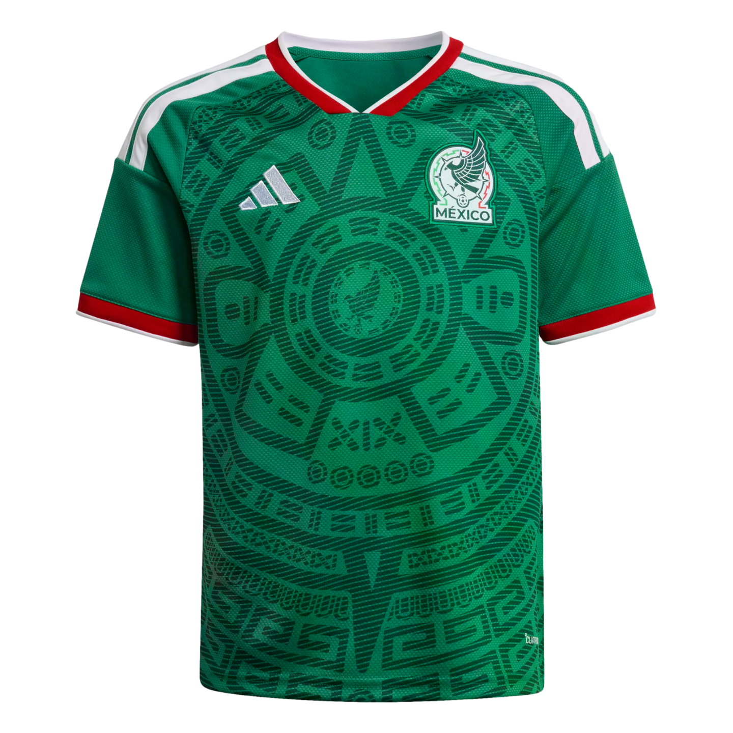 Green Mexico soccer jersey featuring an intricate Aztec graphic, white shoulder stripes, and red trim on the collar and cuffs. The team crest and Adidas logo are on the chest.
