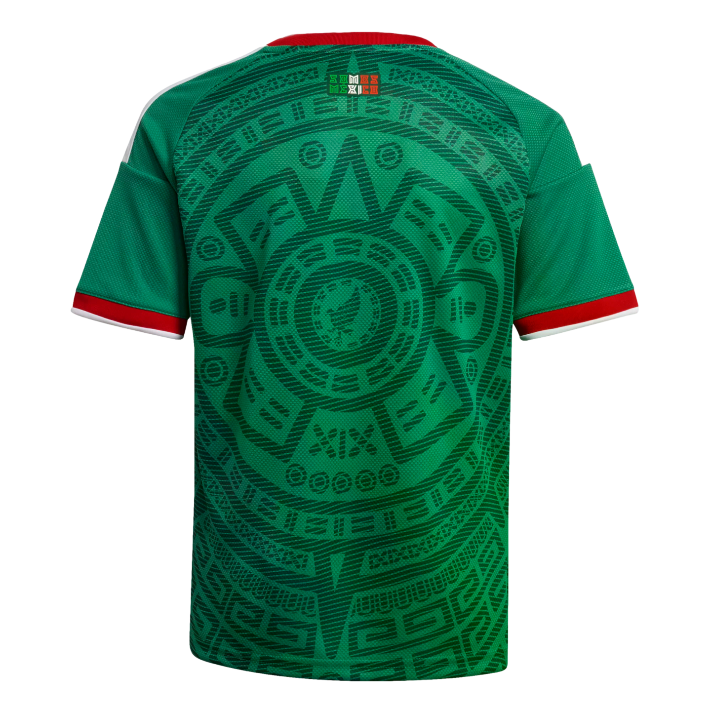 Back view of a green soccer jersey featuring an intricate dark green Aztec-inspired pattern, with red and white trim on the collar and sleeves.