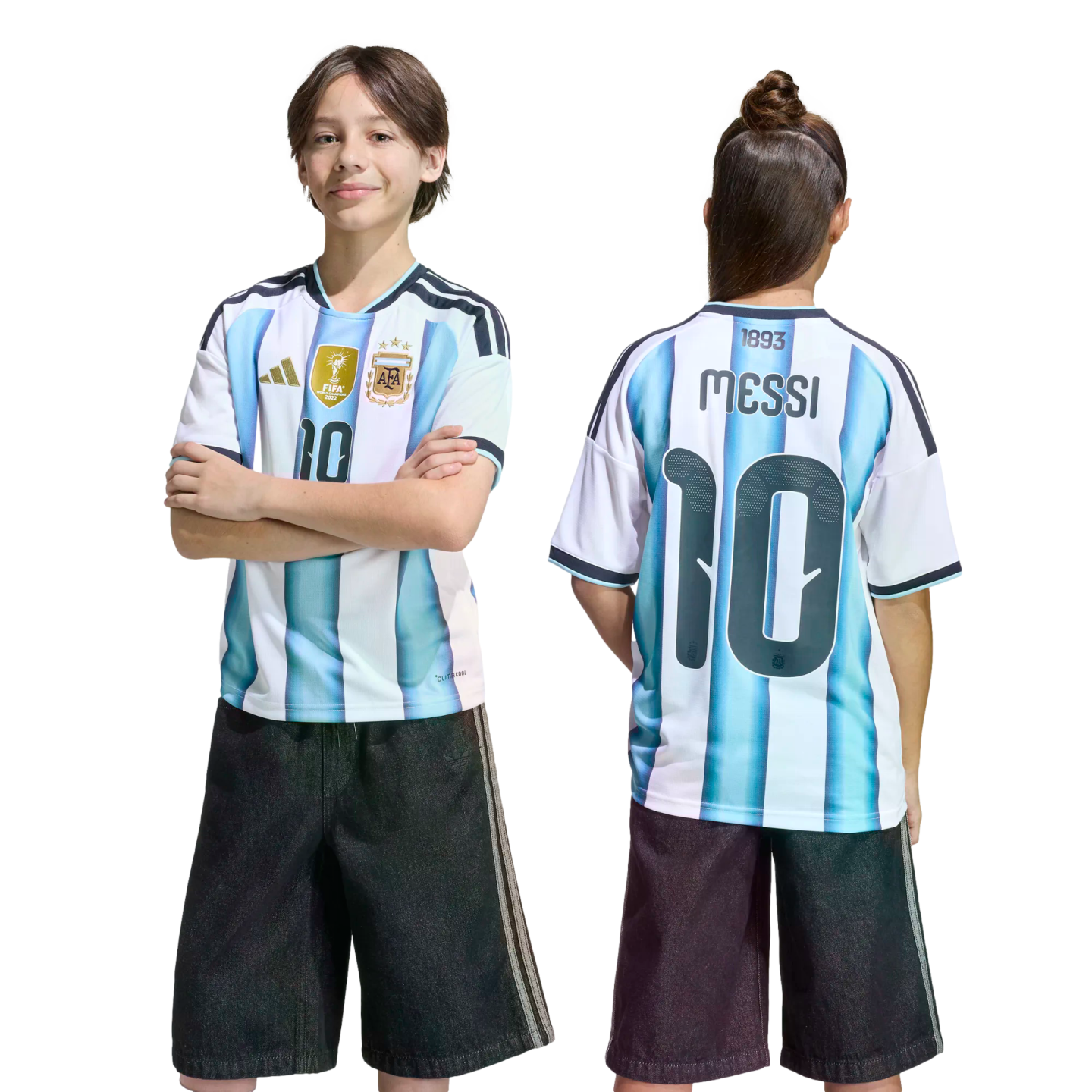 Front and back view of a child wearing an Argentina soccer jersey with "Messi 10" and dark shorts against a solid black background.