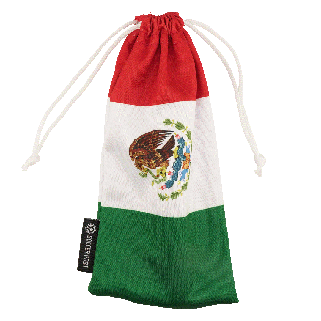 A fabric drawstring pouch featuring the horizontal stripes and coat of arms of the Mexican flag. A small black "Soccer Post" brand tag is attached to the left side.
