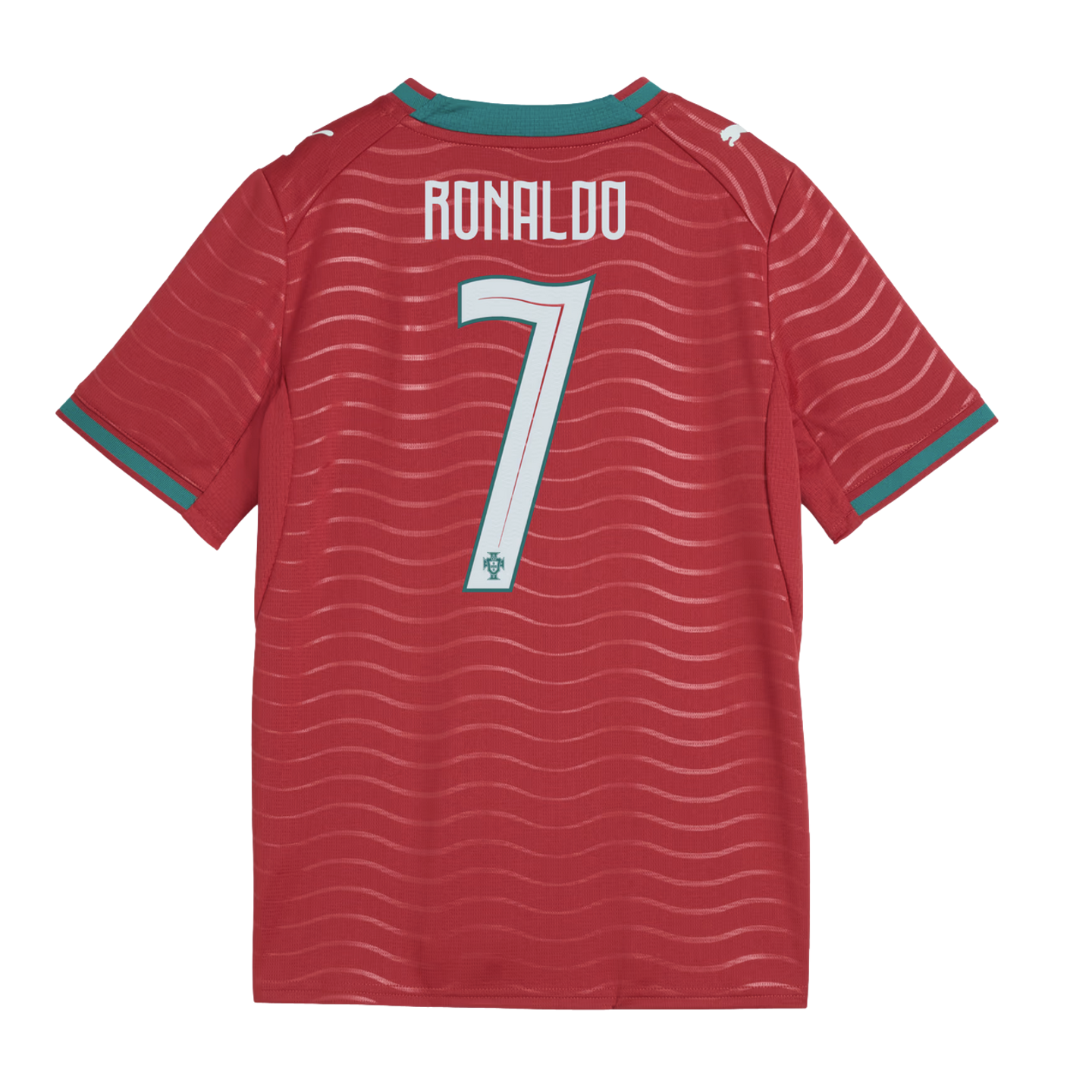 Back view of a red Portugal soccer jersey featuring the name "RONALDO" and the number "7" in white. It has a wavy textured pattern and green and red trim.