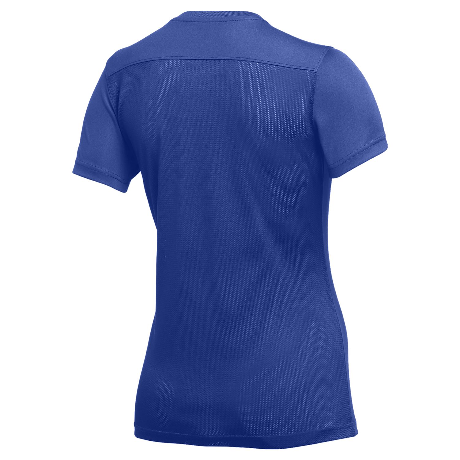Back view of a royal blue short-sleeved athletic shirt with a breathable mesh texture, featuring a horizontal yoke across the shoulders and a classic crew neck.